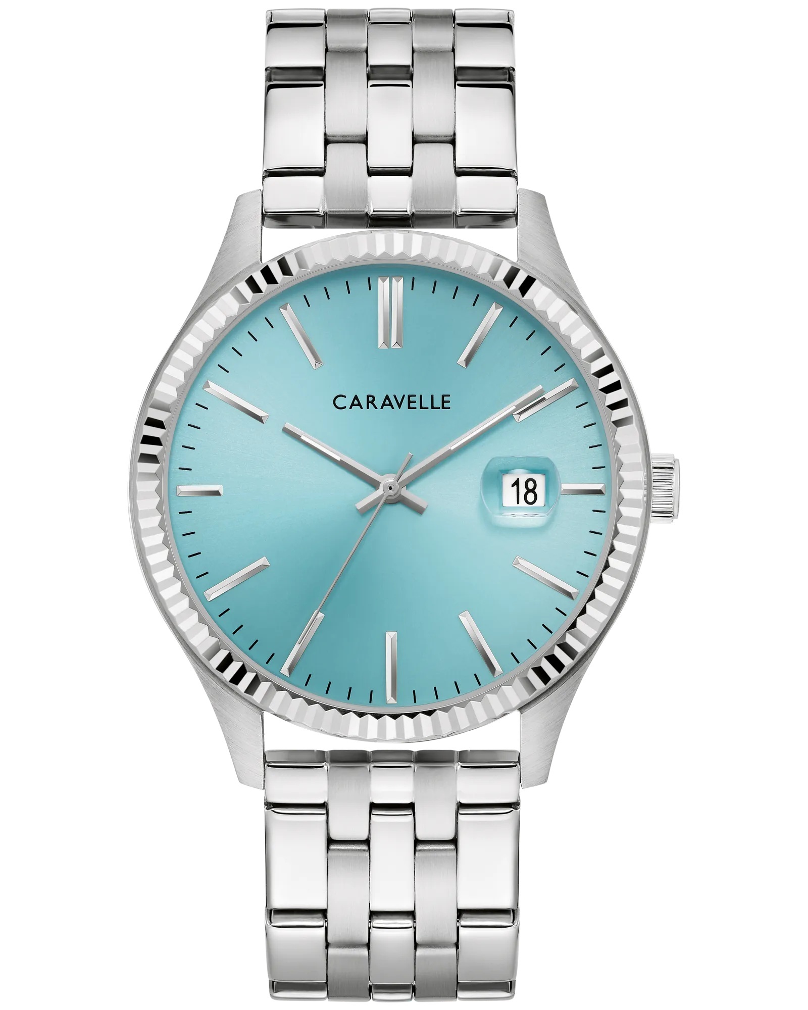 Caravelle watch in silver-tone stainless steel with classic fluted bezel and vibrant light blue dial