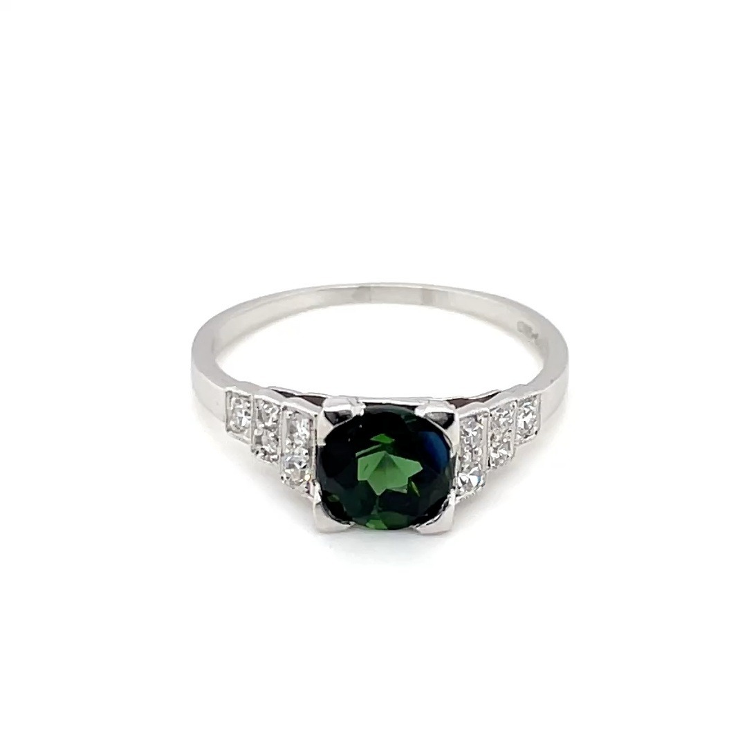 Green Tourmaline Vintage Fashion Ring in Platinum, with .20ct total weight Single-Cut Diamonds