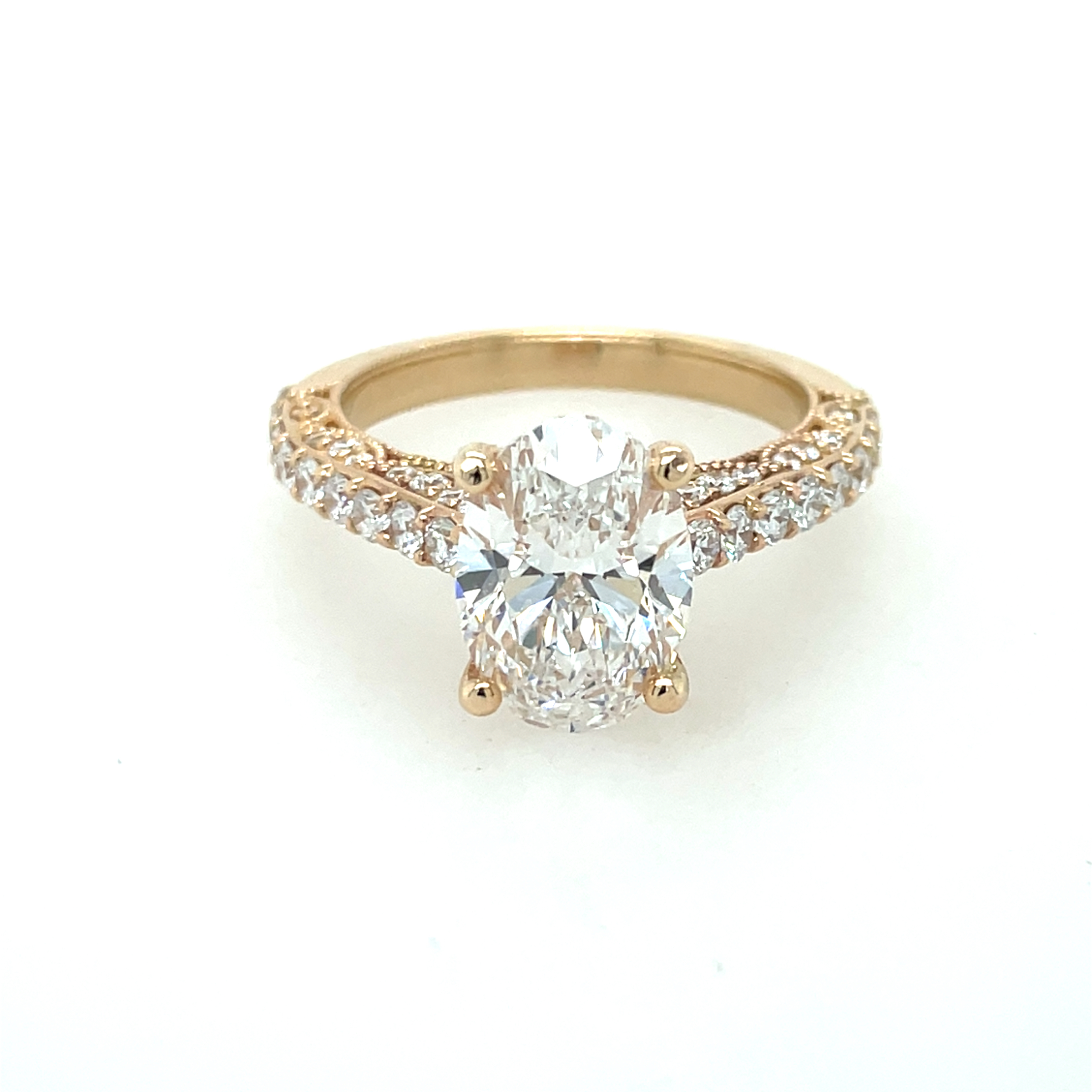 Lab Grown Diamond Engagement Ring 3.07ct Oval VVS2/D IGI #LG714505598, semi at .97ct. TW, 14K Yellow Gold