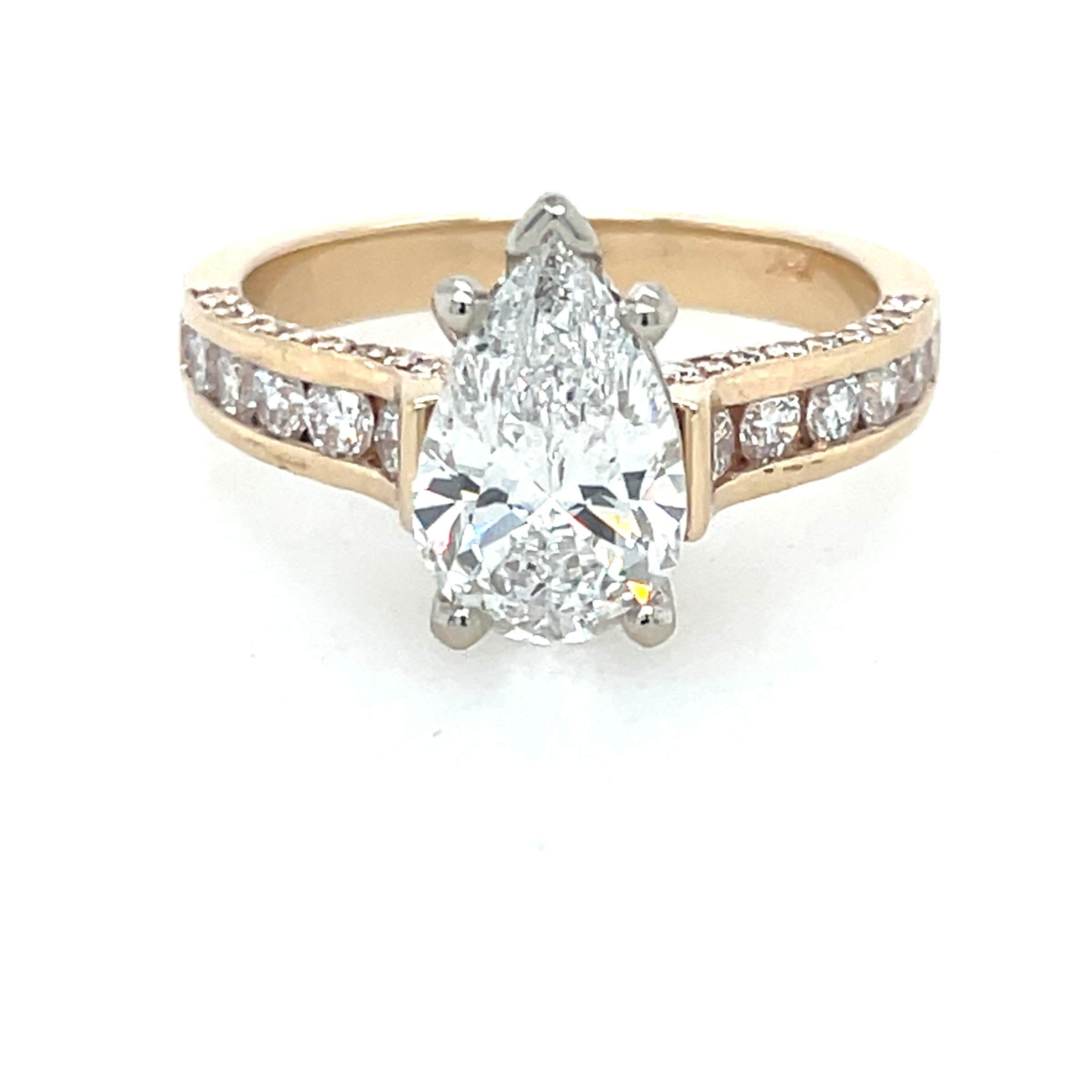 Lab Grown Pear Shape Diamond Engagement Ring, 2.06ct in 14k Yellow Gold Channel Set Mounting