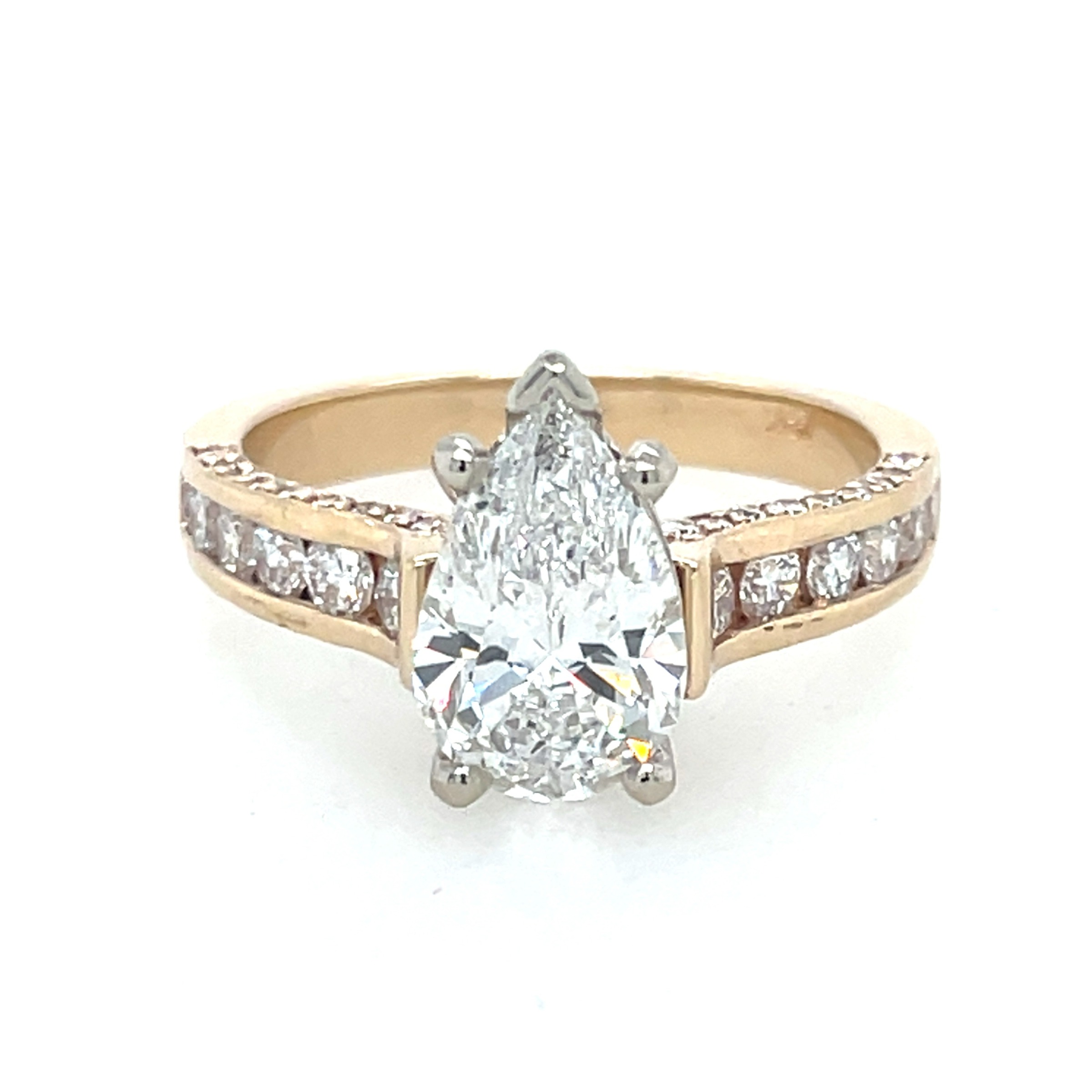 Lab Grown Pear Shape Diamond Engagement Ring, 2.06ct in 14k Yellow Gold Channel Set Mounting