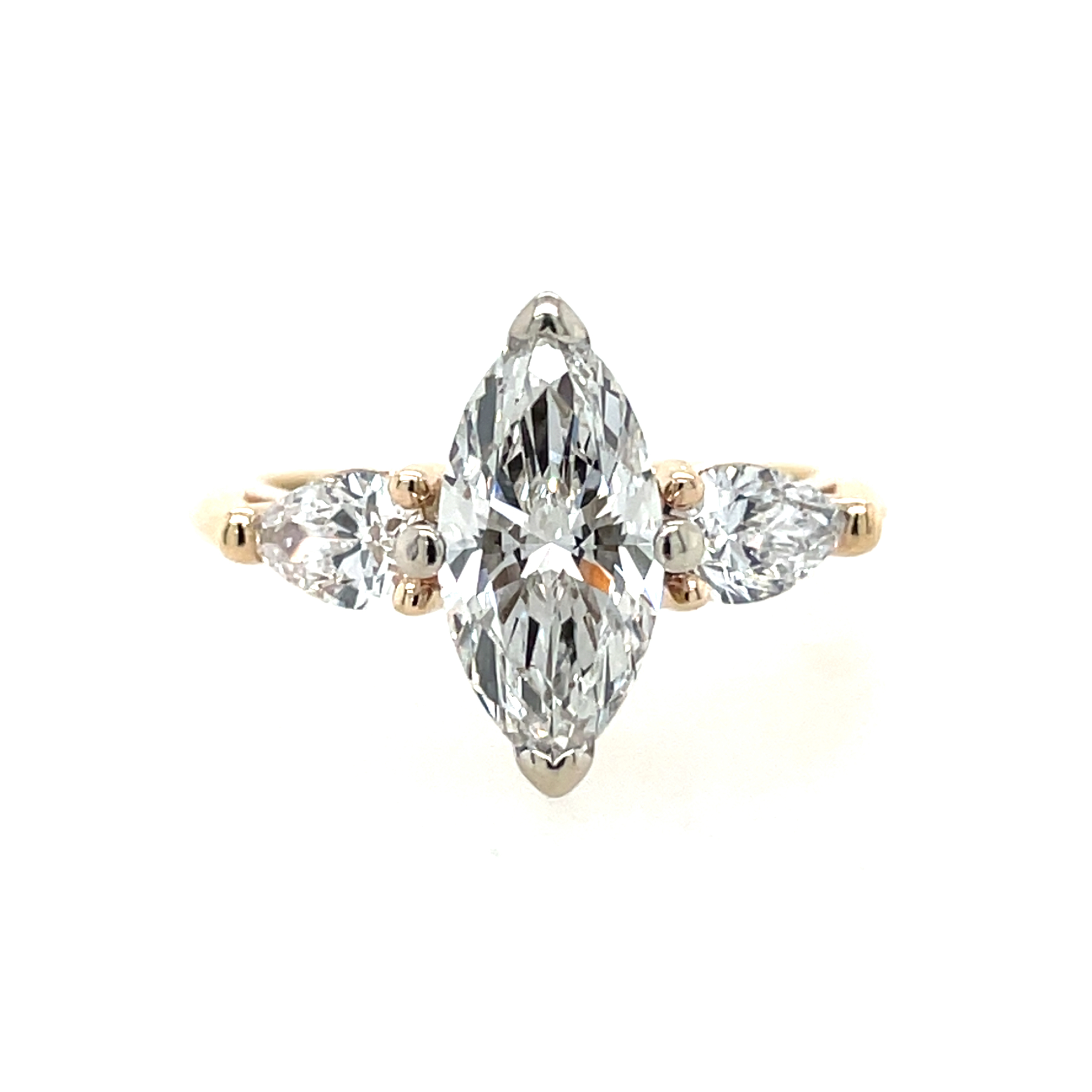 Lab grown diamond engagement ring, 1.31ct Marquise center VS2/H IGI cert, 14k Yellow Gold with 1/2ct total weight pear shape diamonds
