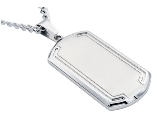 Mens Stainless Steel Dog Tag Pendant With Beveled Edge, Includes 24 Stainless Steel Curb Chain
