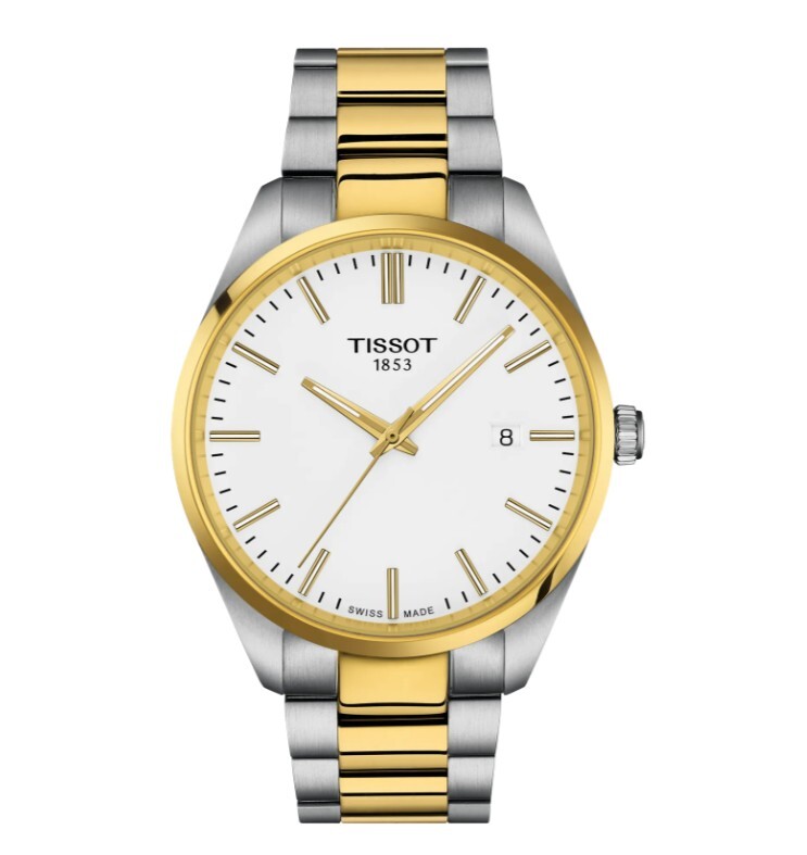 Tissot PR100 watch in two-tone gold and silver with white dial, 40mm diameter. Swiss Quartz movement