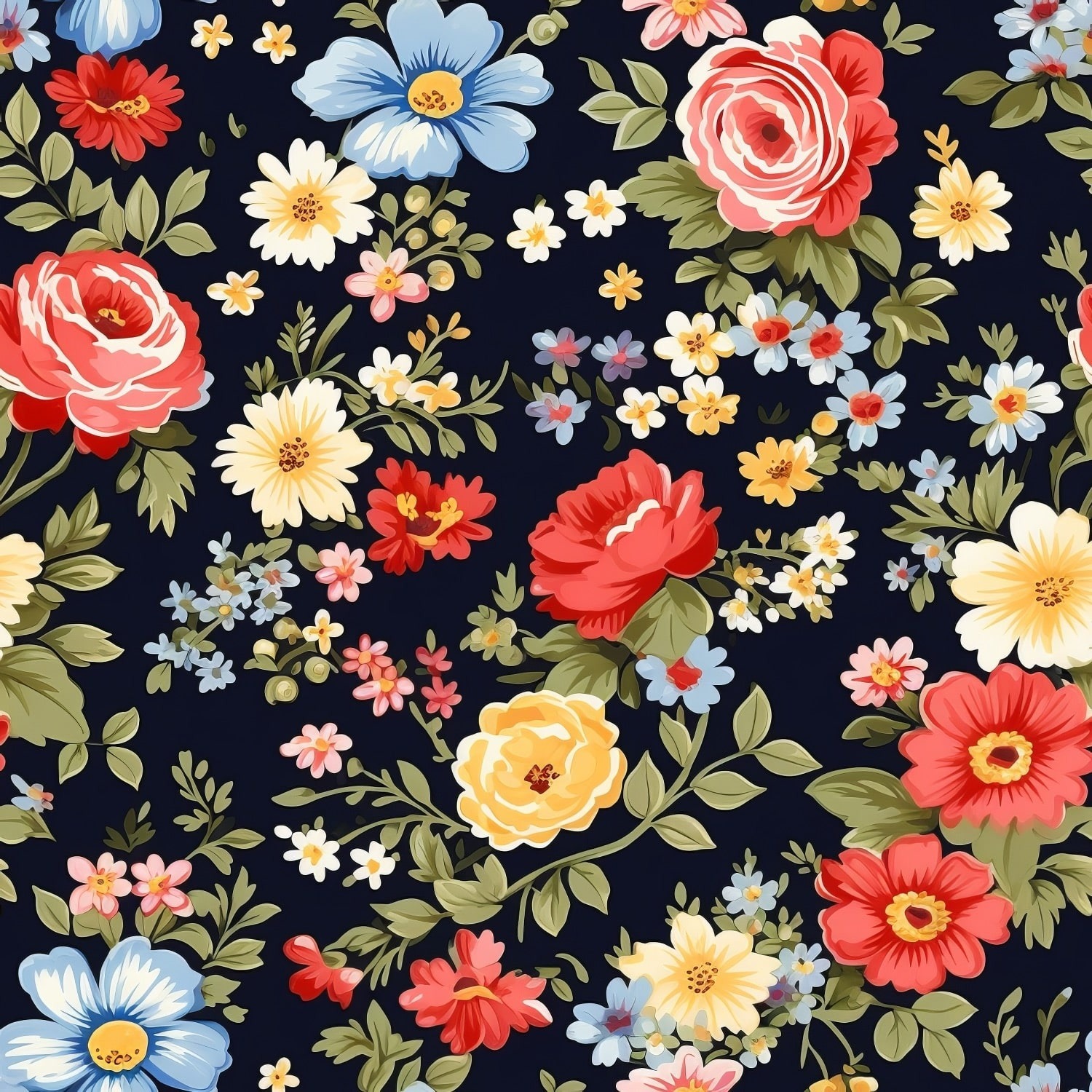 Orange Gold Blue Flowers on Black Quilt Fabric | MDG Vintage Floral | 100% Cotton