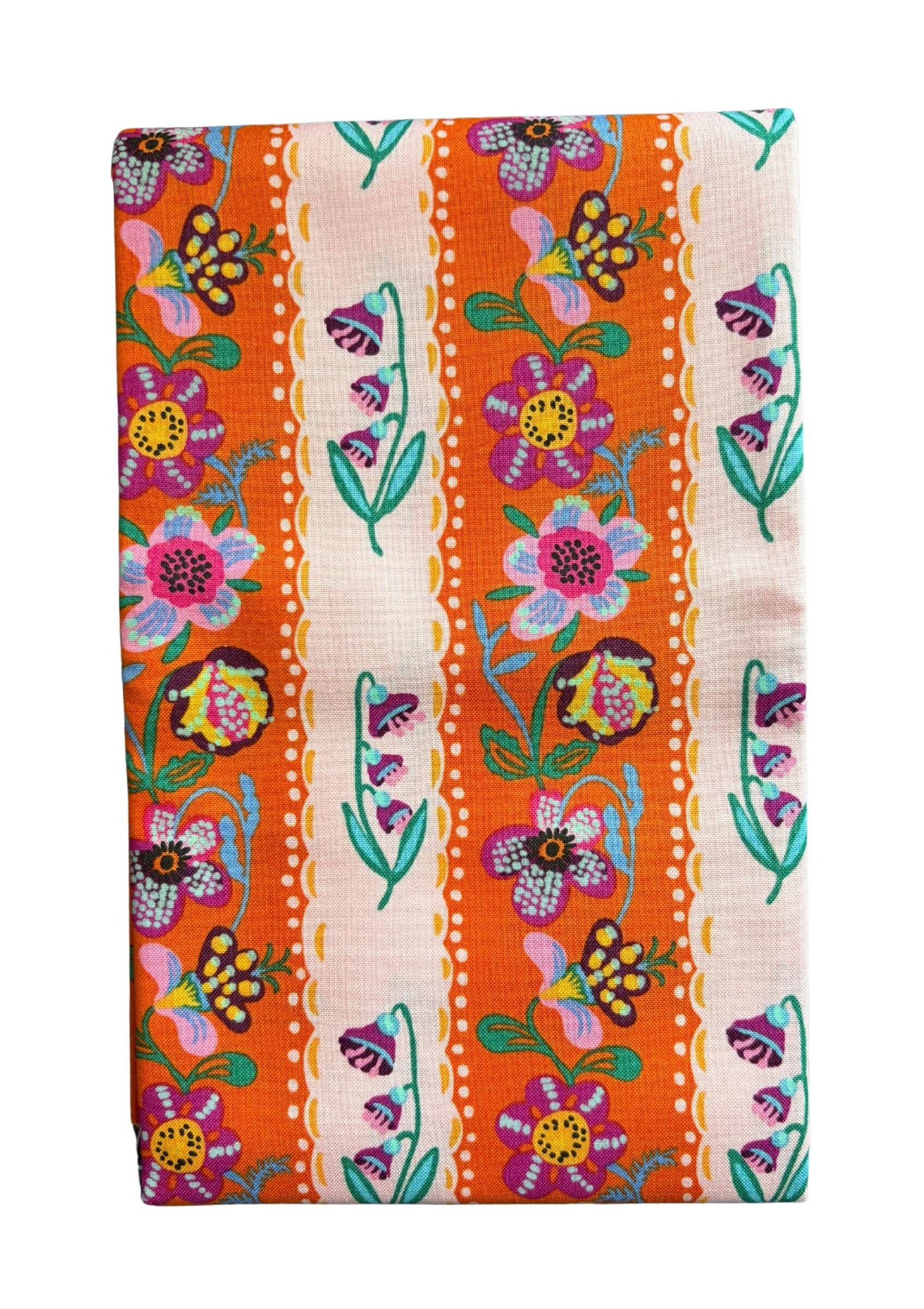 Orange/Pink/Purple Striped Floral Quilt Fabric | Free Spirit Fabrics A Spring in Paris | 1 Yard Precut