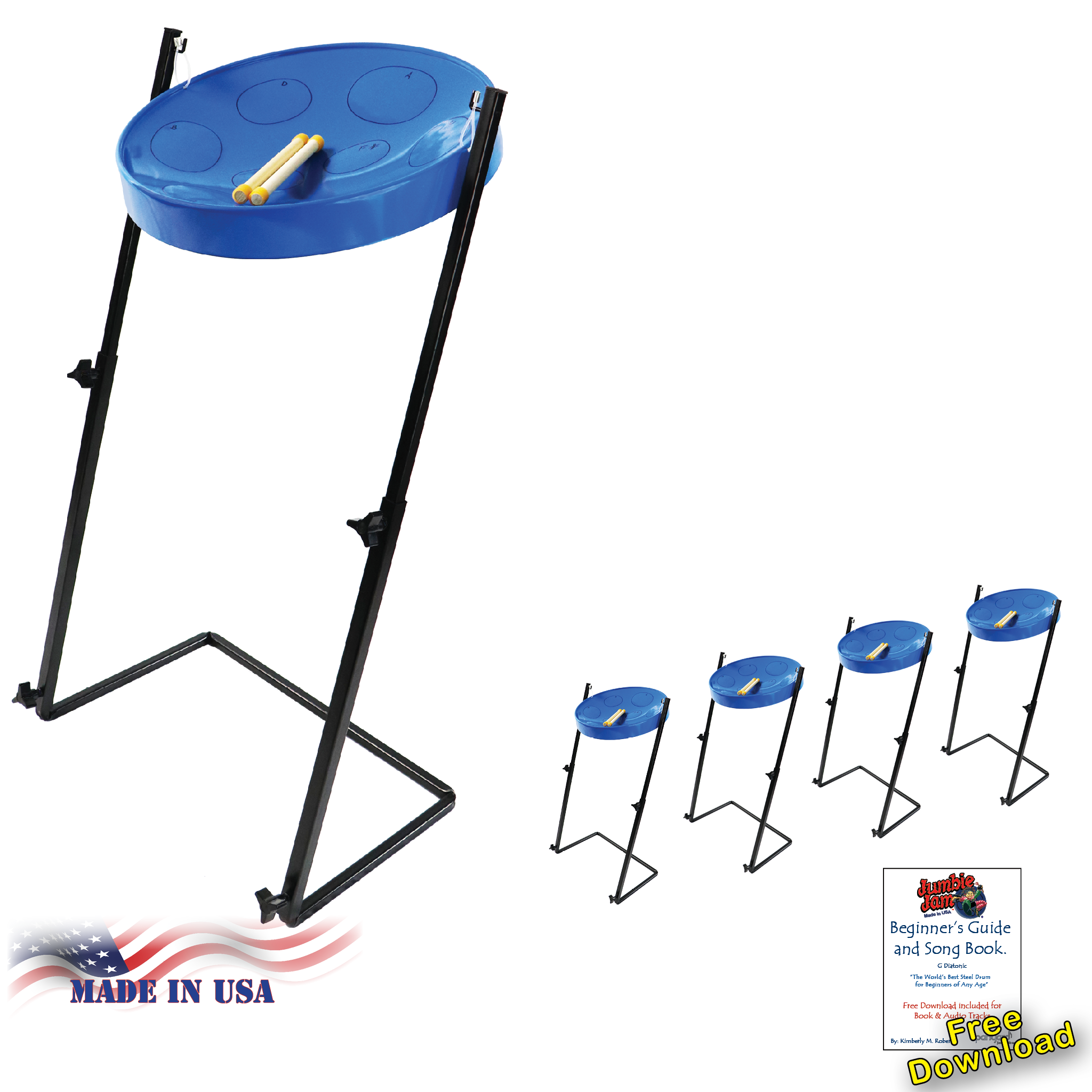 Jumbie Jam Steel Drum Educators 4-Pack - Metal Z-Floor Stands - Blue Pans (G)