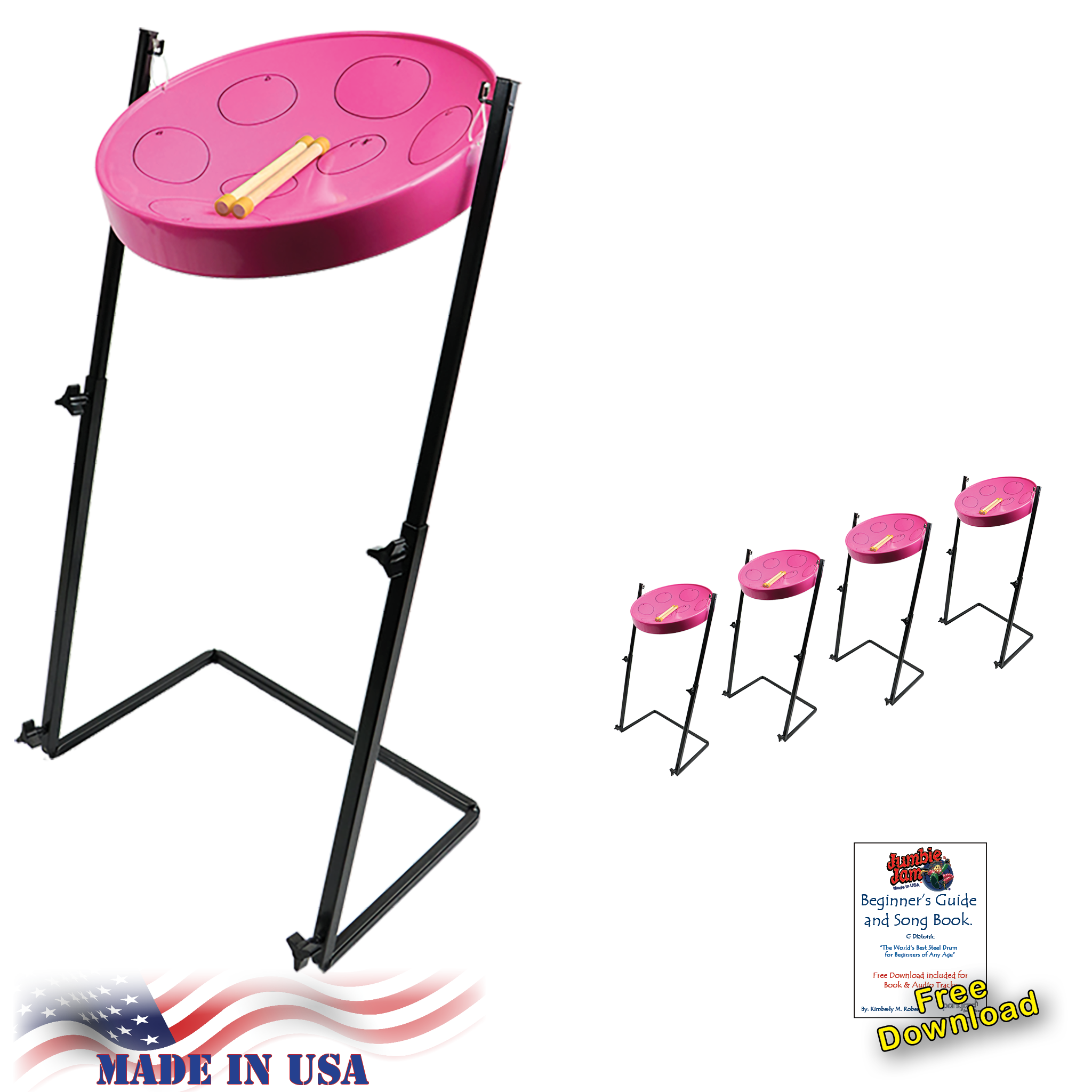 Jumbie Jam Steel Drum Educators 4-Pack - Metal Z-Floor Stands - Pink Pans (G)