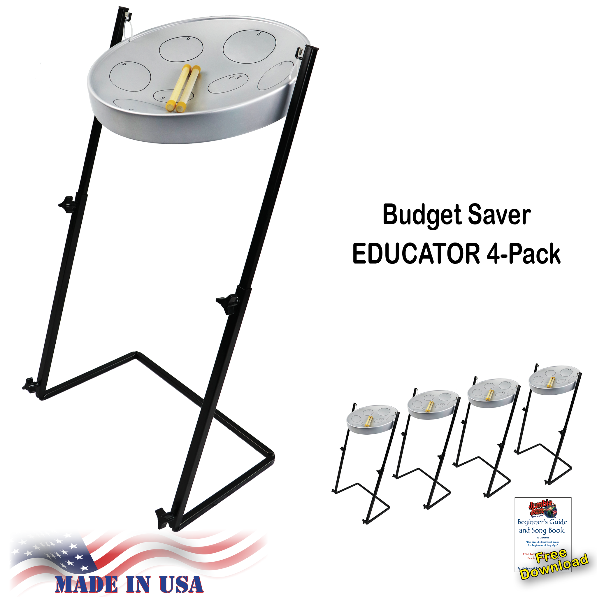 Jumbie Jam Steel Drum Educators 4-Pack - Metal Z-Floor Stands - Silver Pans (G)