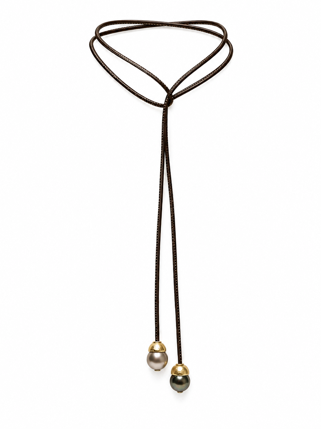 14.5x17.5mm ea Teahitian Tear Drop Pearl Lariat w/18kt YG hammered caps, Brn Leather