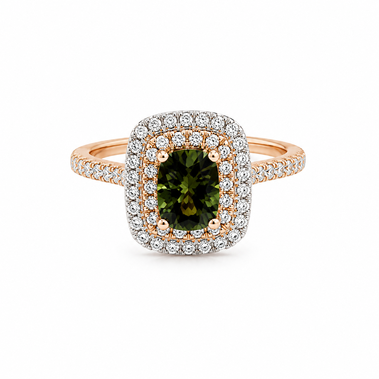 14kt Rse/Wht Gld Dia Halo .43ct w/GRN MT Sapphire .82ct Size 6 Ring