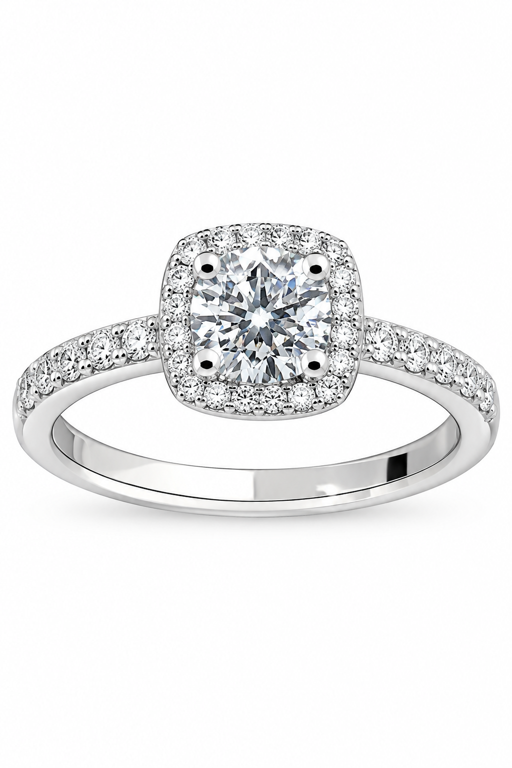 14kt White Gold & Diamond (0.58ct band and lab 1.00ct VVS2 solitaire) Halo Engagement Ring