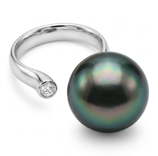 15.80mm Silver Tahitian Floating Pearl on 18kt White Gold & Diamond (0.10ct) Ring - Size 7