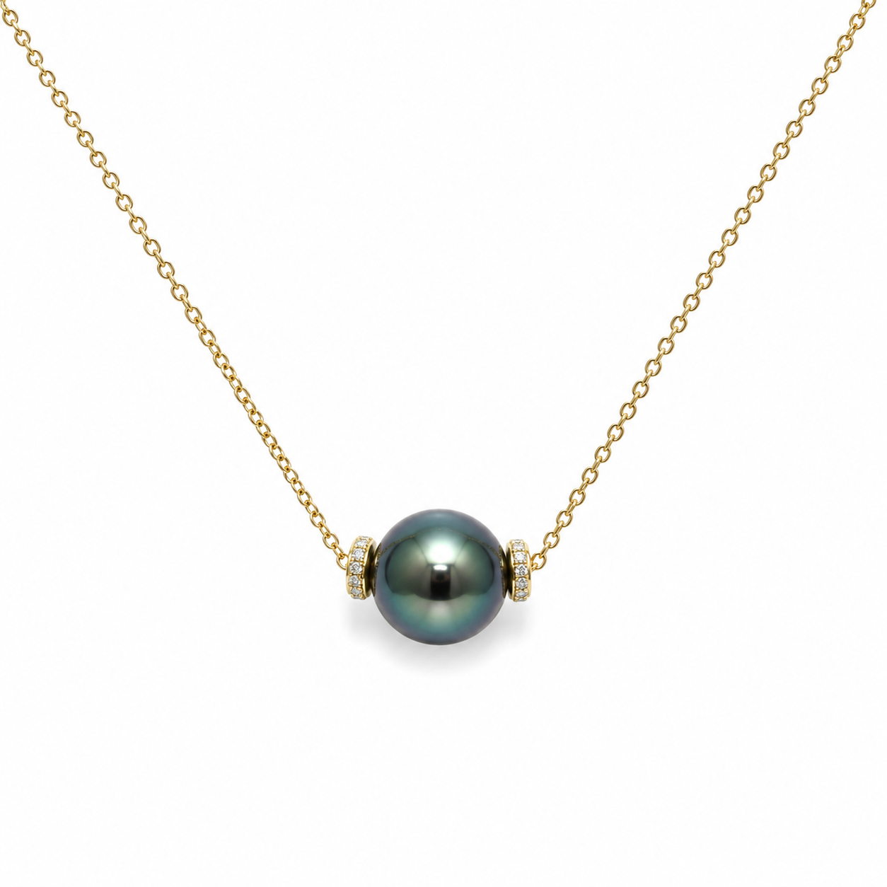 16.5 18kt Yellow Gold Chain, 11mm Round Green Tahitian Pearl, 18kt Yellow Gold & Diamond Rondels