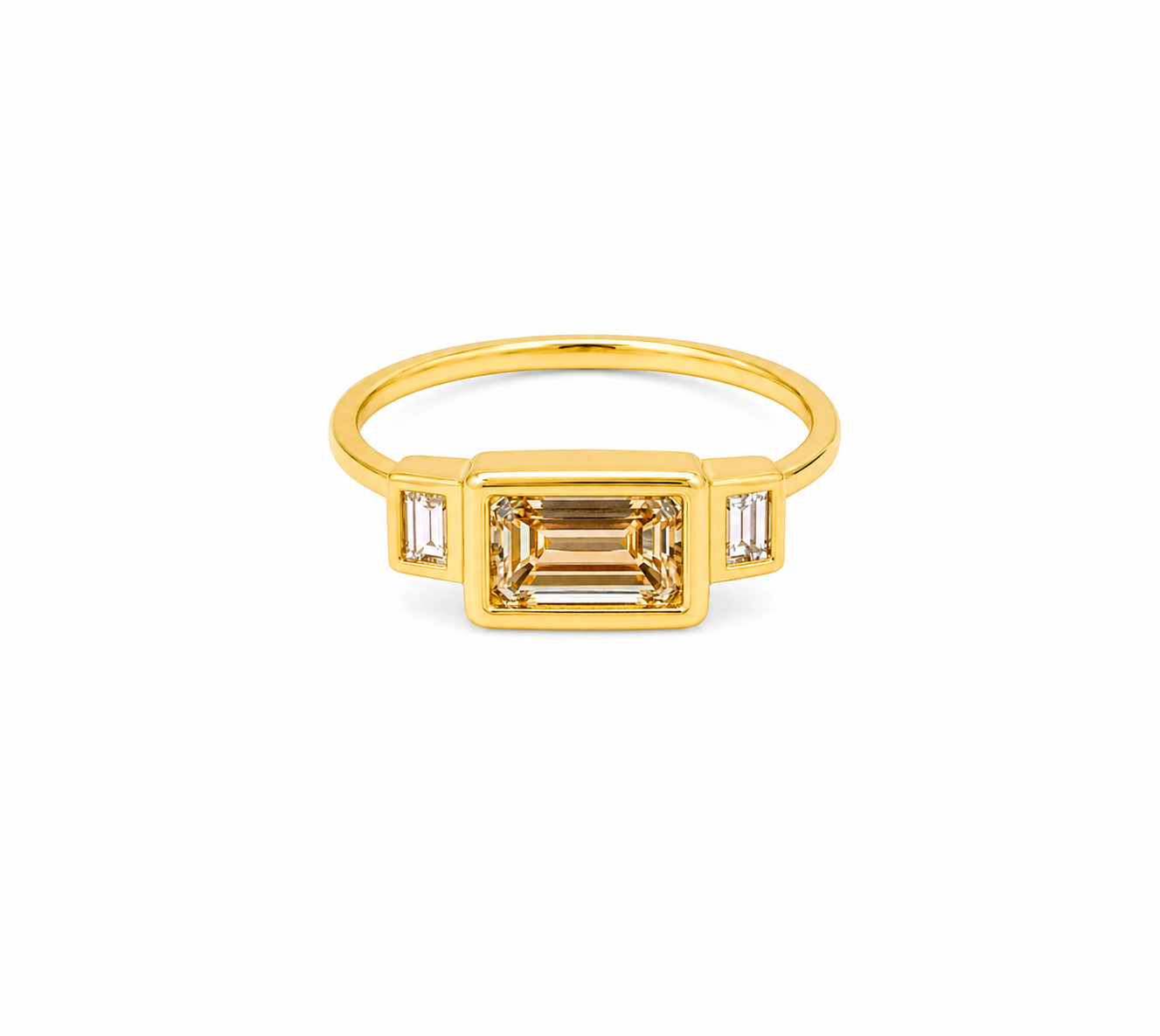 18kt Yellow Gold Triad Ring - 1.02ct Center Emerald Cut Diamond, 0.16tcw Size Baguette Diamonds, Size 7