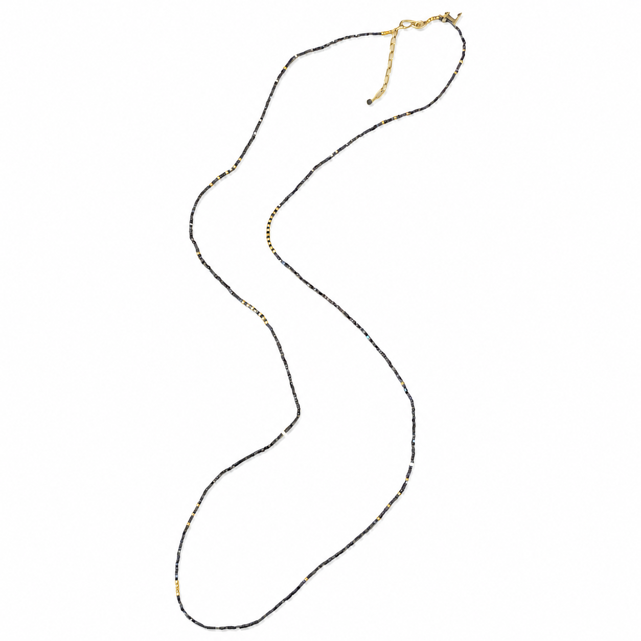 37 - 38.5 Faceted Square Black Diamonds, 18kt Yellow Gold Beads, 18kt Yellow Gold Chain and Clasp