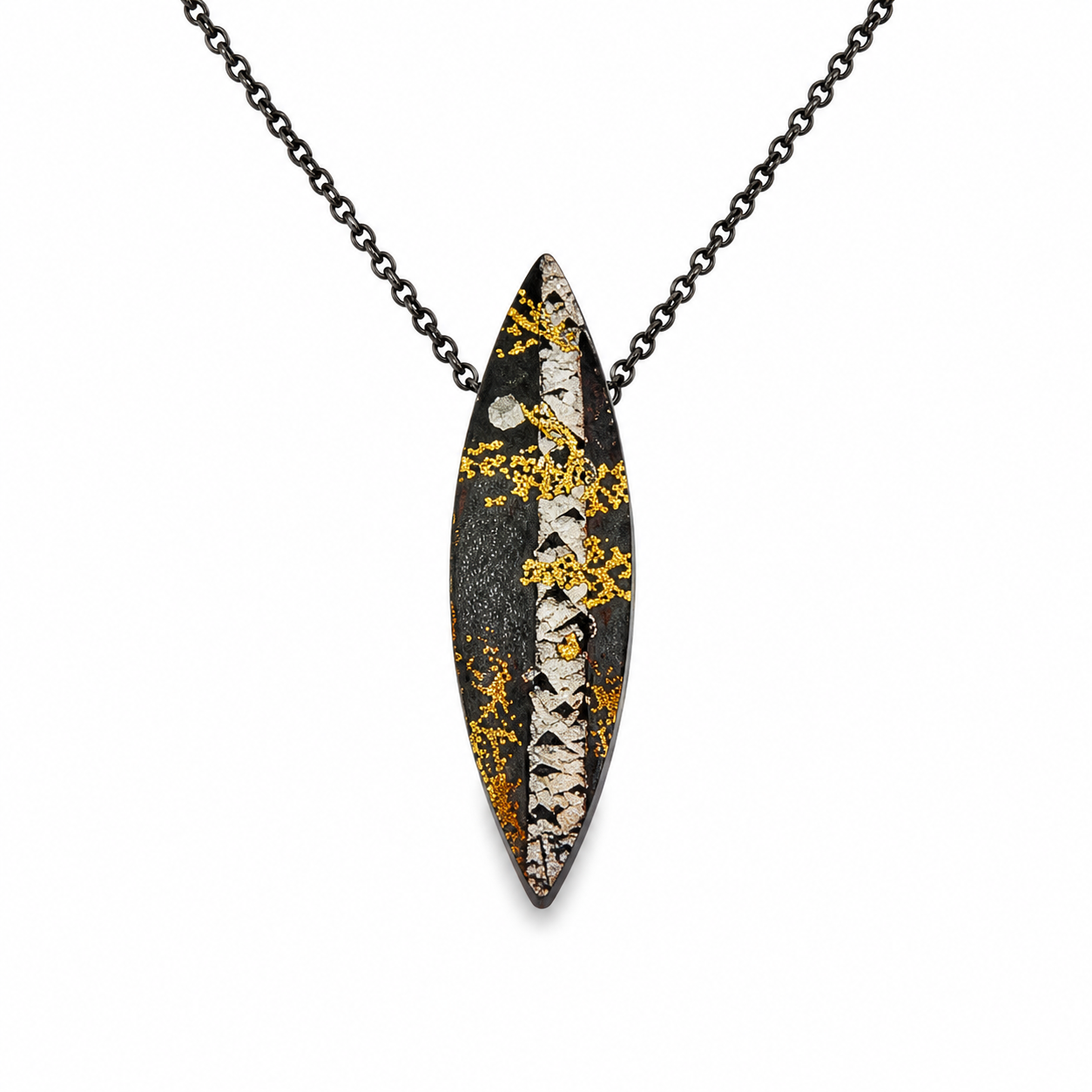 Aspen Dust Solo: 22kt - 24kt Placer Gold Fused to Carved & Engraved Argentium Silver, 2.6mm Diamonds, 16.5 Oxidized Sterling Silver Chain