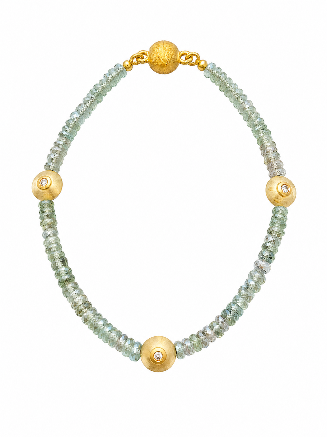 Green MT Sapphire with Three YG/Diamond balls and 18kt YG magnet clasp bracelet 6.5