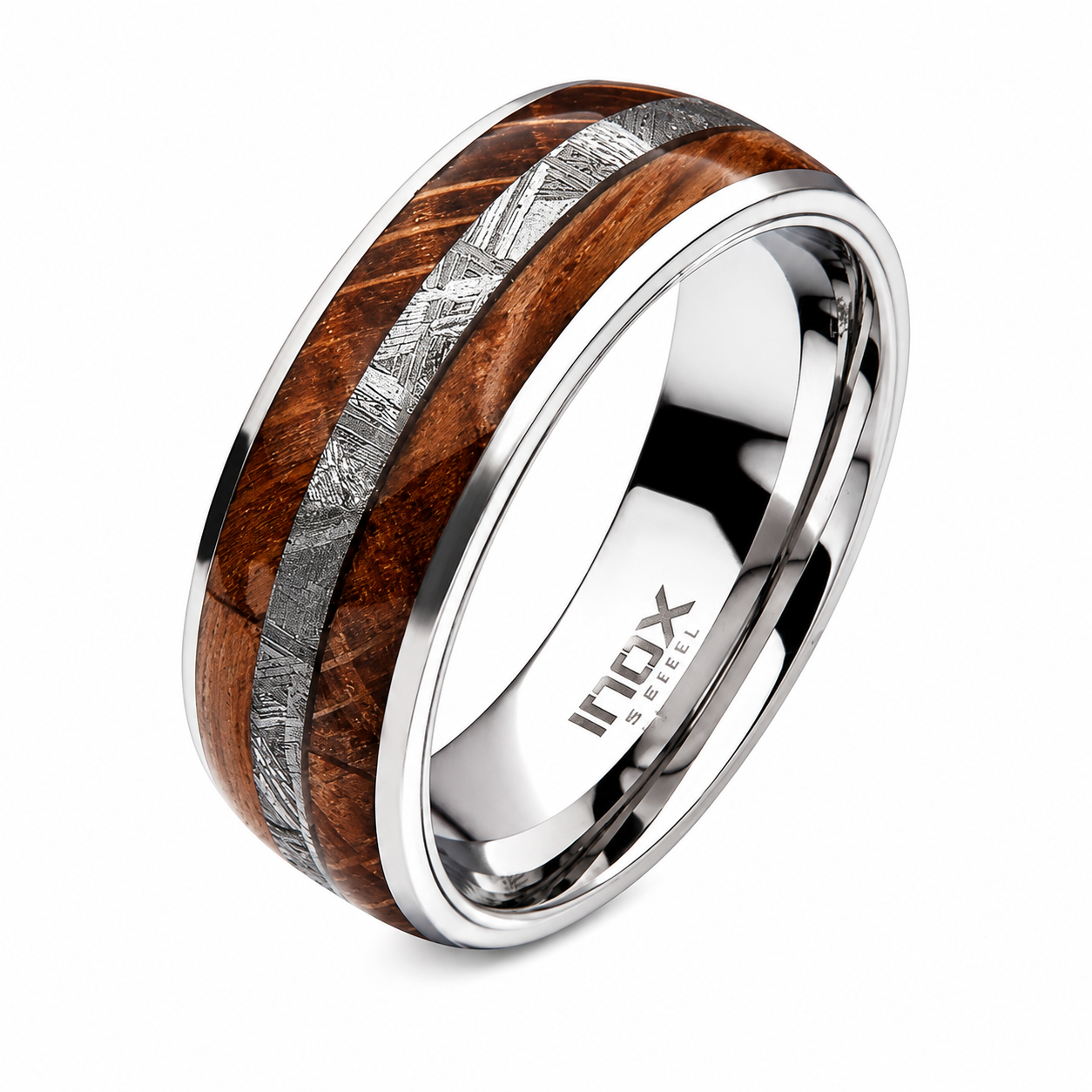 MEN Steel, Wood Inlay, Meteorite Comfort Fit Band - Size 10