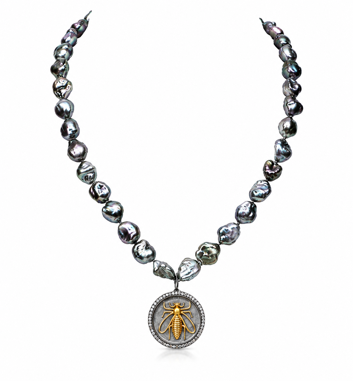 Silver Keshi Pearl with 18kt Yellow Gold Clasp & Chain with Bee Pendant, 14kt Yellow Gold, Diamond & Blackened Silver Bee Pendant