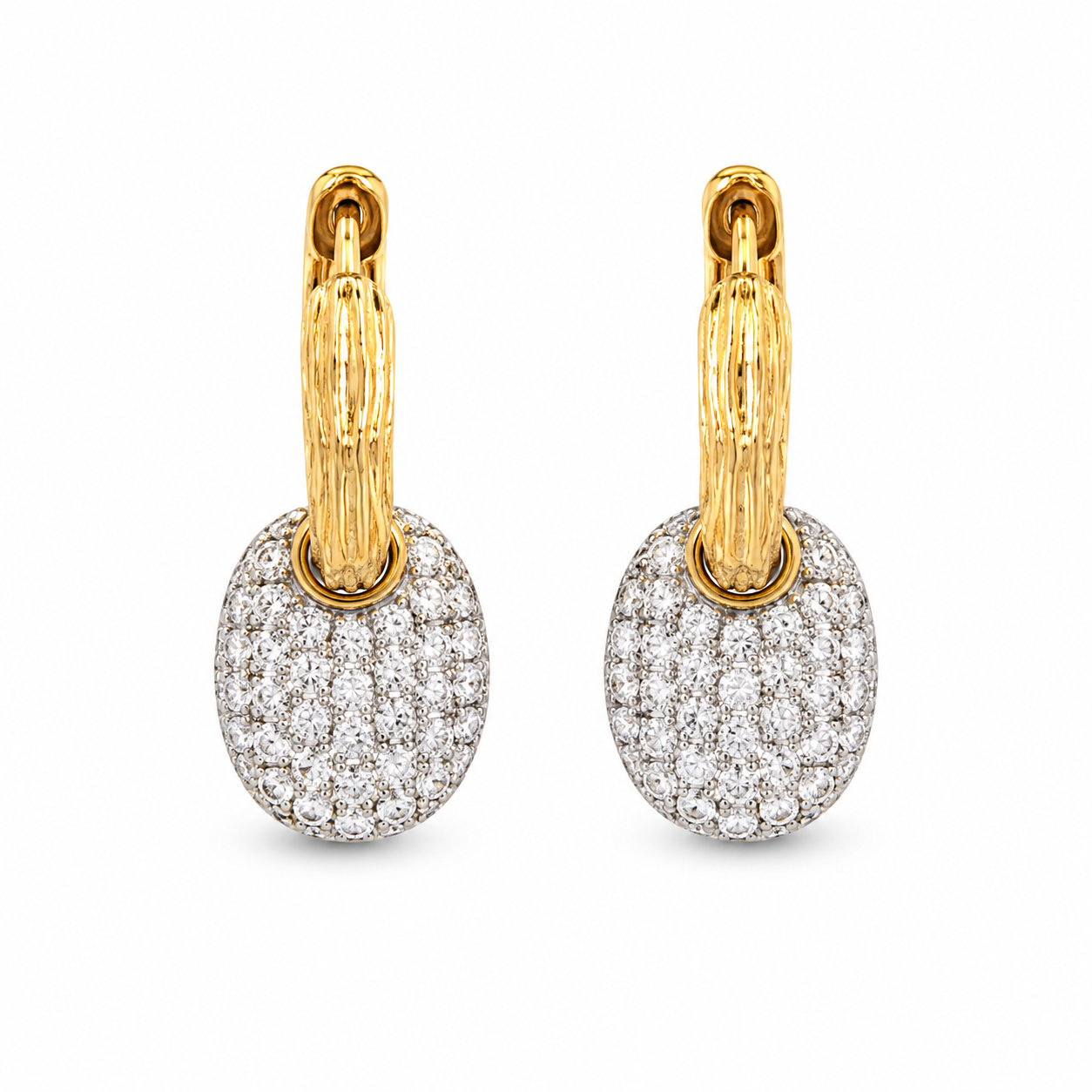 Two Tone Pave Set Diamond (116D=0.98ct) Dangle & 14kt Yellow Gold (3.90 grams) Earrings