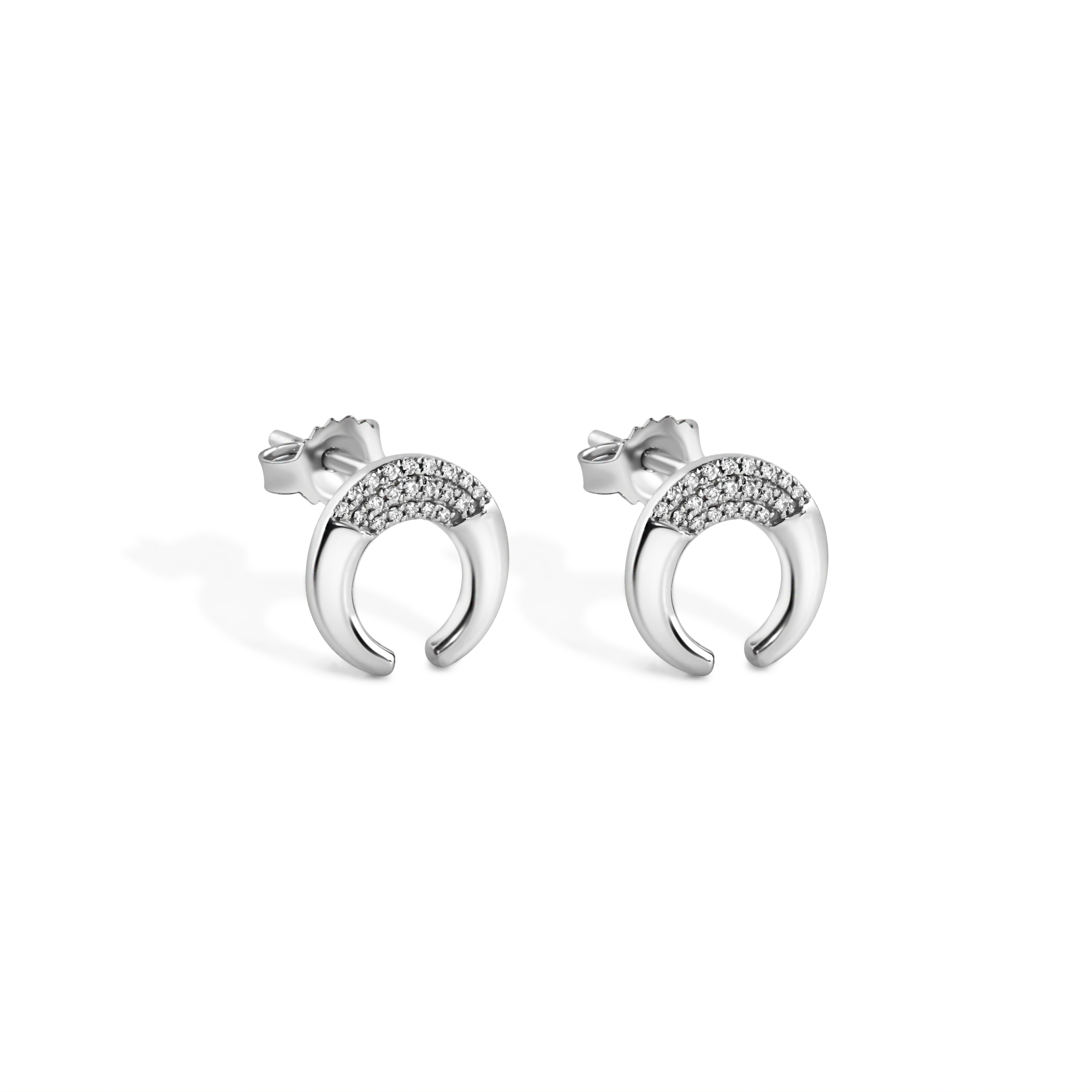 14K White Gold Moon Studs With 42 Pave Set Round Diamonds Totaling 0.07ct Of G-H Color, SI1 Clarity