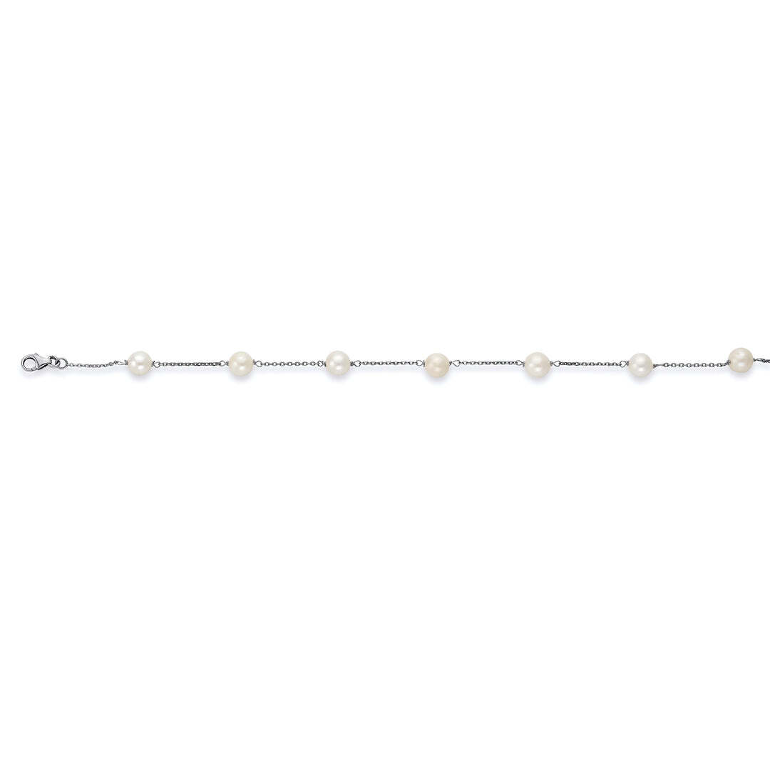 14K White Gold Rolo Bracelet, 7 Japanese Akoya Pearls 5.5mm X 6mm, Good Luster, White In Color, Round; JADBYWWB