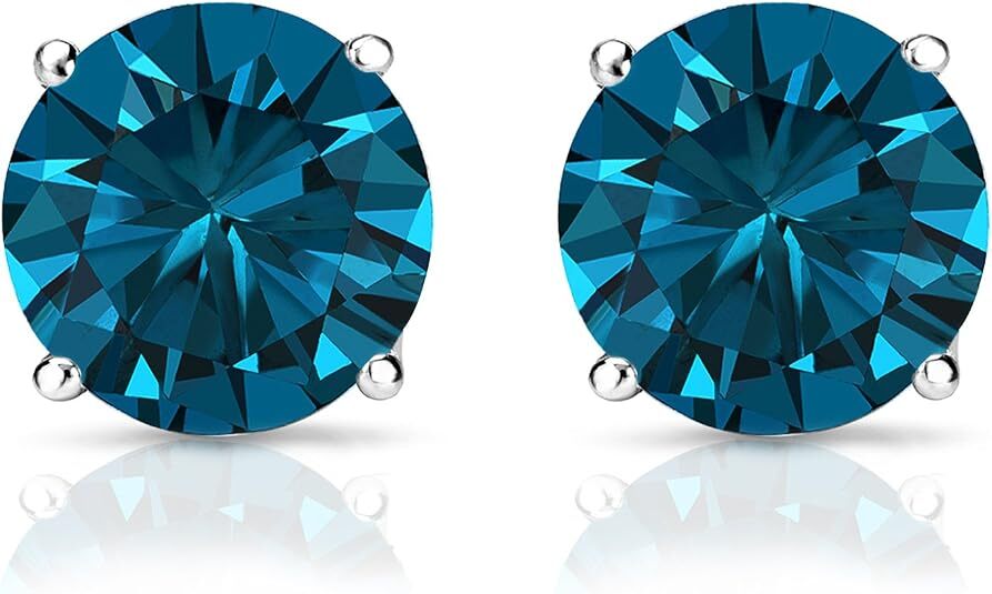 14K White Gold Stud Earrings With Two Round Brilliant Blue Diamonds (Color Enhanced) Totaling Approximately 0.25ct