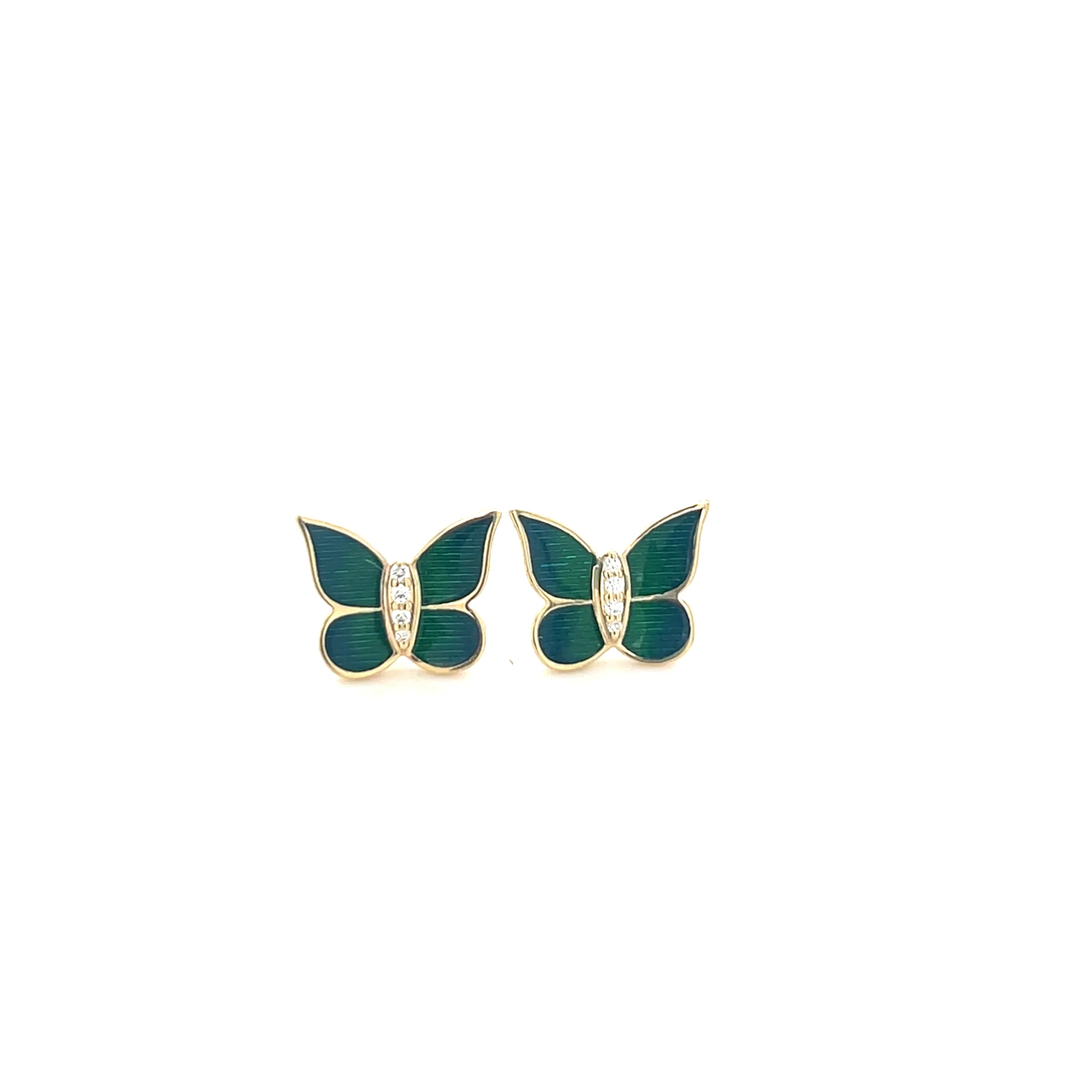 14K Yellow Gold Green Enamel Butterfly Studs With 8 Diamonds Totaling 0.05ct Of E-F Color, VS1 Clarity; YGBUT05GE