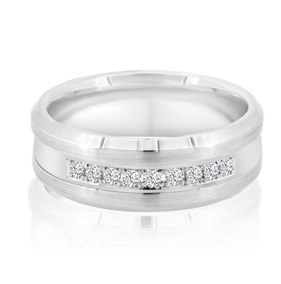14.98 Grams, 14k White Gold Custom Designed Band, 8mm Wide With 9 Round Diamonds Totaling 0.22ct Of E-F Color, VS1 Clarity. Size 10.50; DJMEN1498