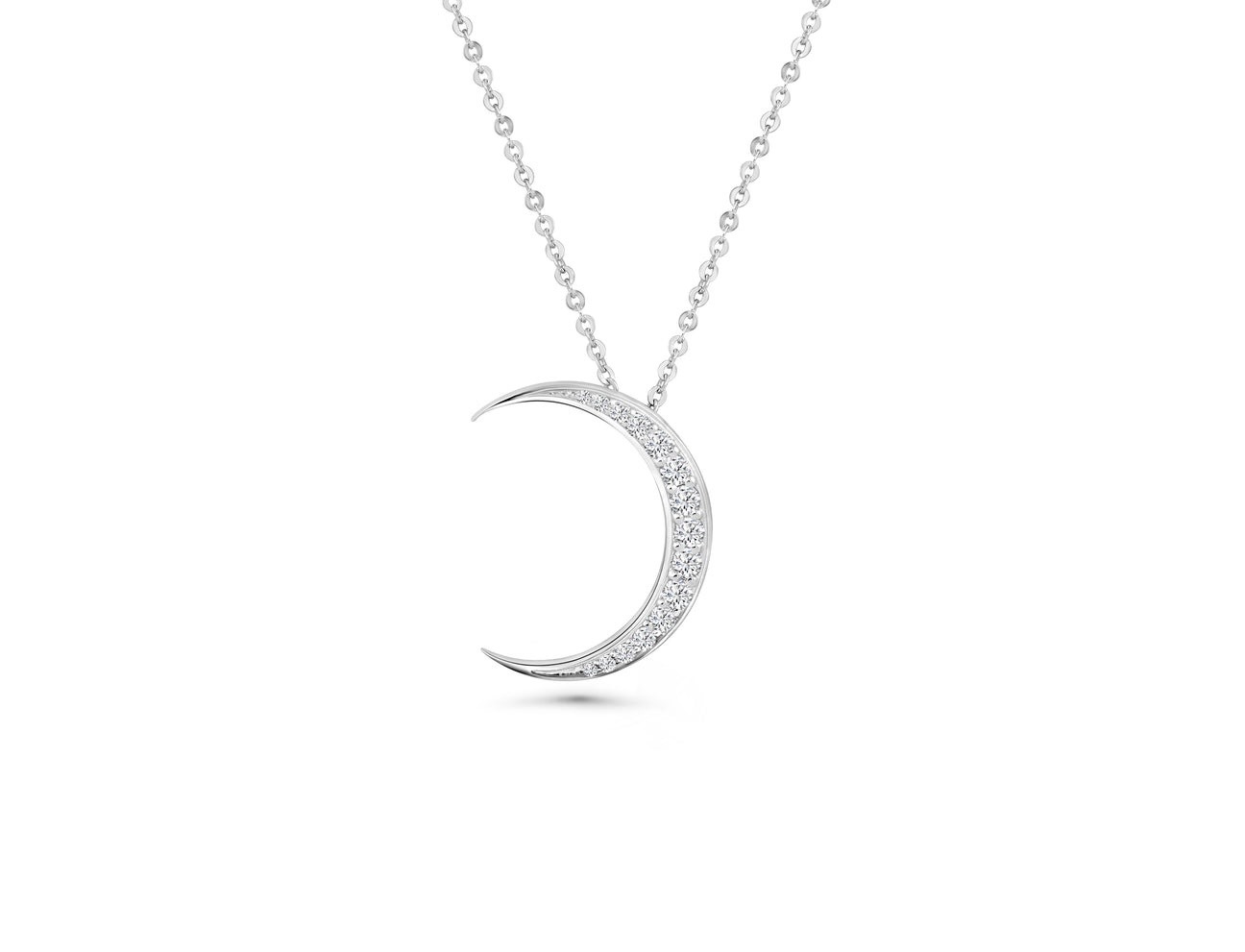 14k White Gold Big  Moon Pendant With 15 Round Brilliant Diamonds Totaling 0.20ct Of E-F Color, VS1 Clarity; DJMONBW 