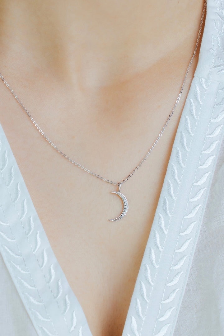 14k White Gold Medium Moon Diamond Pendant Necklace
