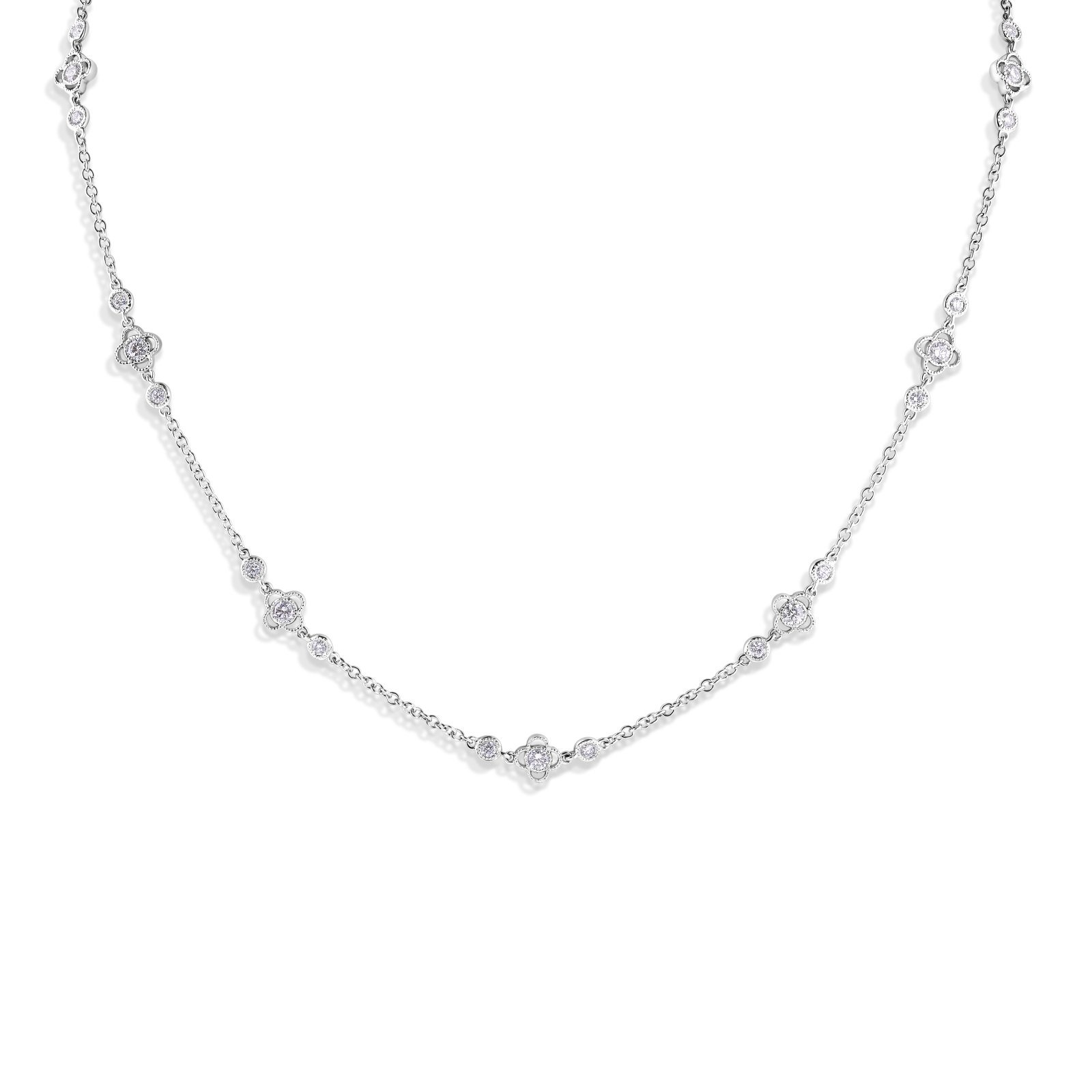 14k White Gold Unique Floral Design With 29 Round Brilliant Diamonds Bezel/Milligrain Set Totaling 1.52ct Of G Color, VS1 Clarity; N362466