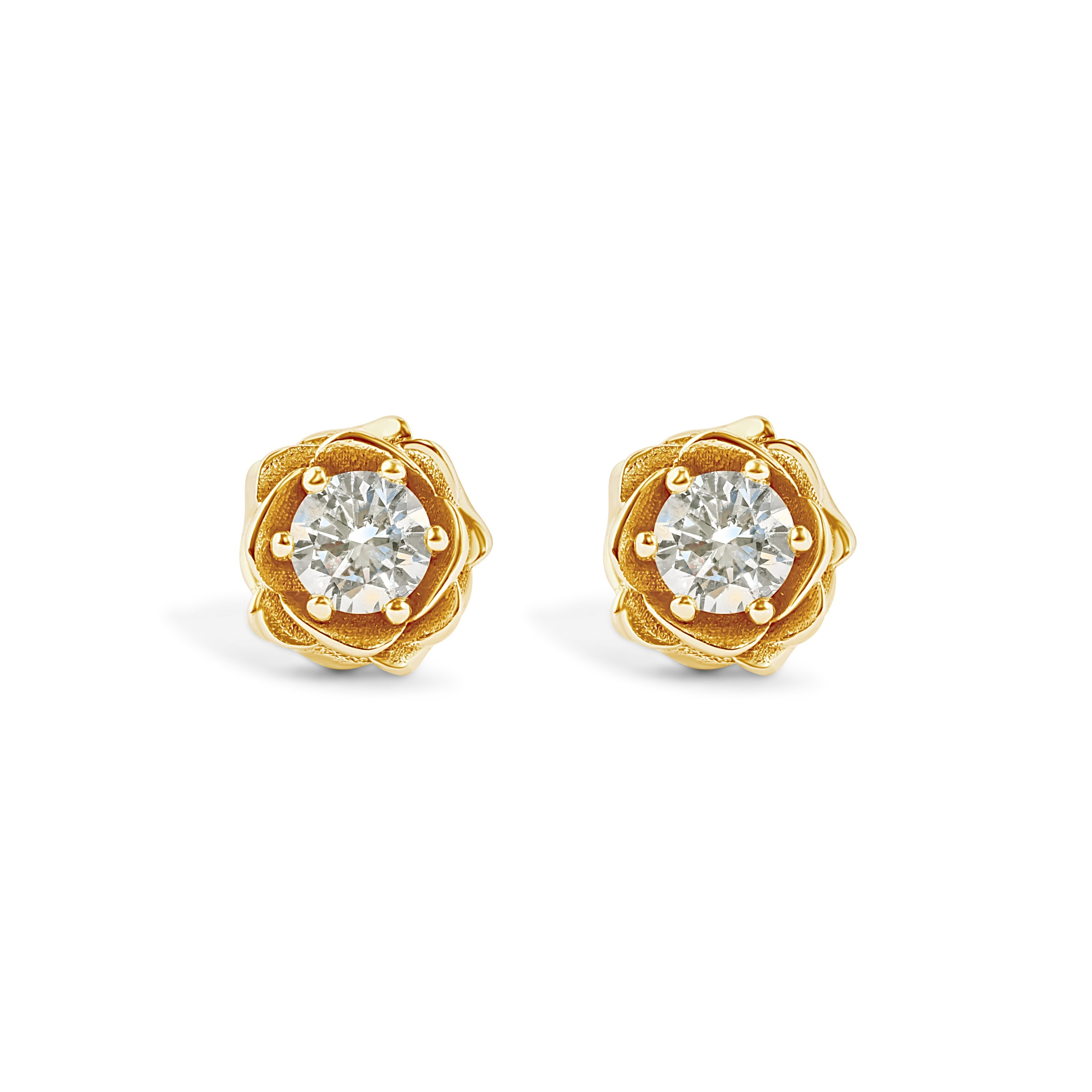 14k Yellow Gold Rose Studs With Two Diamond Stud Earrings