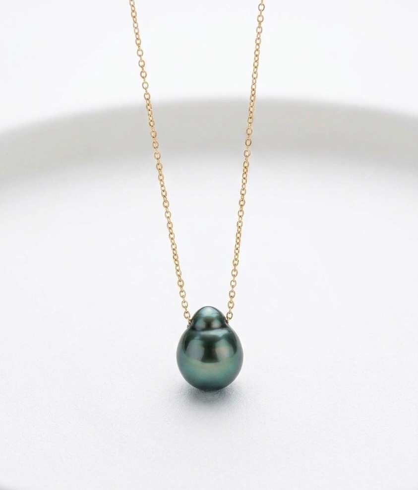 14k Yellow Gold Necklace With 12mm Tahitian Baroque Pearl, Dark Grey With Green Overtone, AAA Grade, Top Luster and Nacre; DJBARQ12