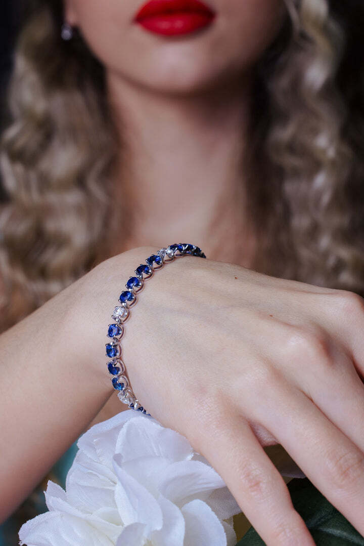 14k White Gold Custom Designed Ladies Bracelet With Ceylon Sapphires & Diamonds 