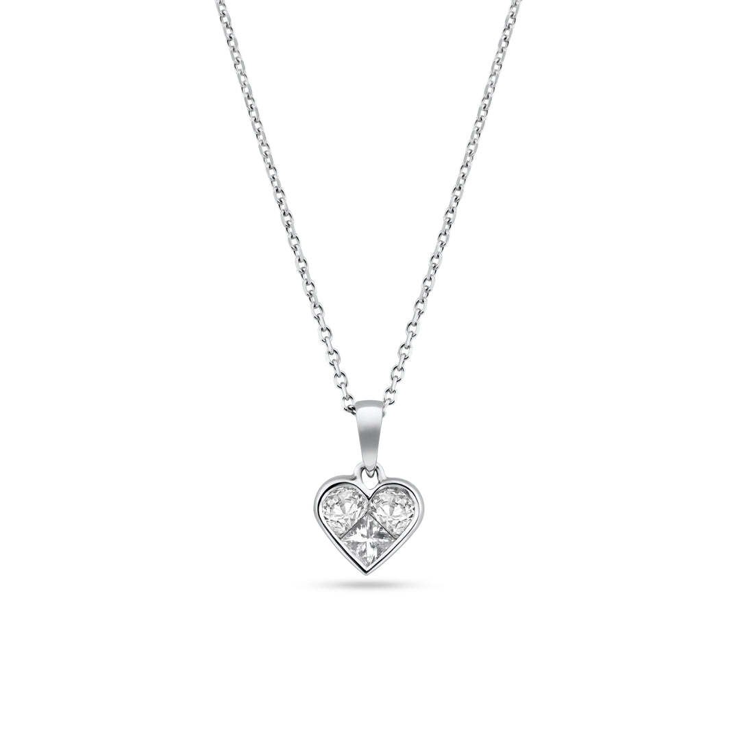 18k White Gold Diamond Heart Pendant With 1  Princess Cut, 2 Half Moon Fancy Cut Diamonds Necklace