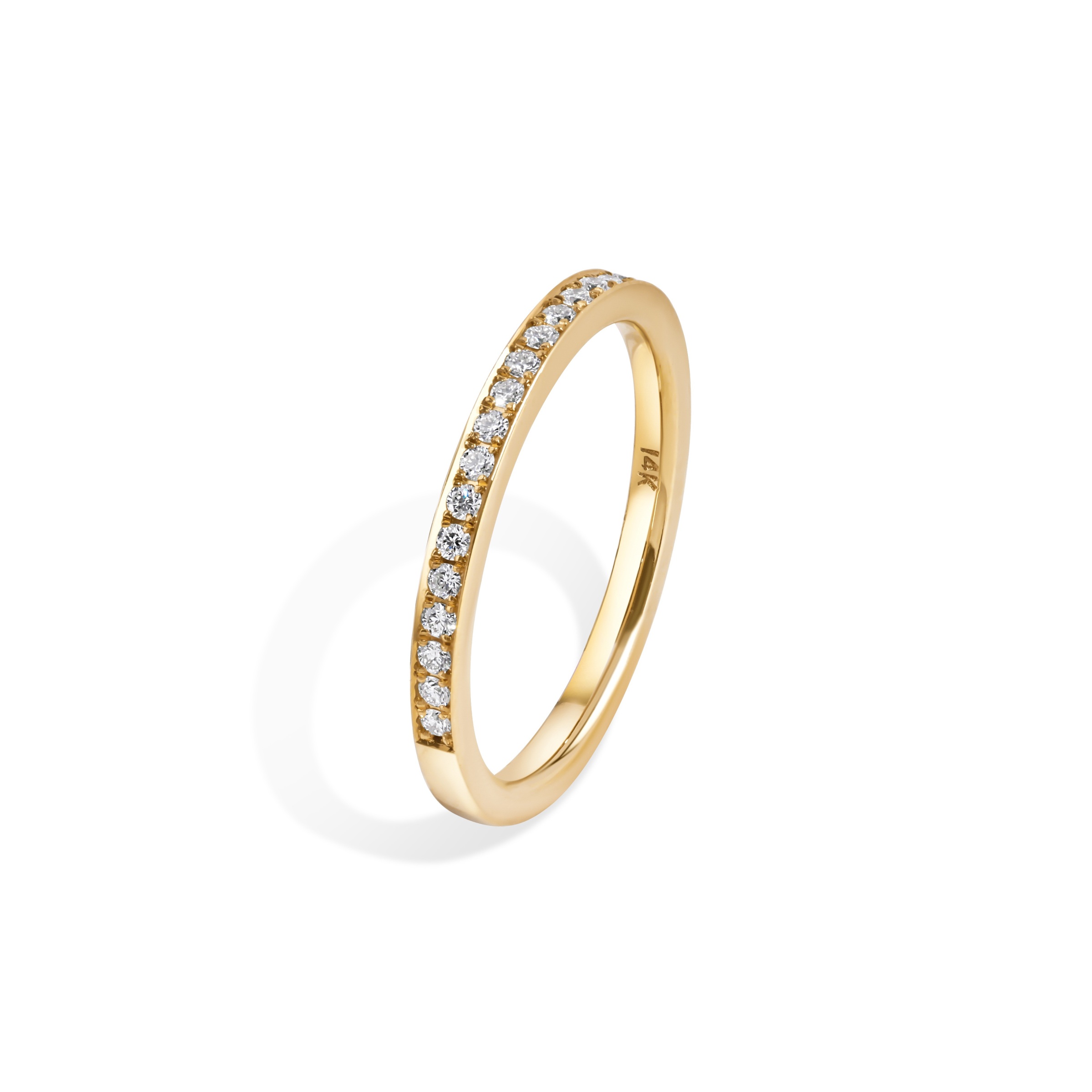 1.52-1.57 Grams 18k Yellow Gold Diamond Band With 26 Round Brilliant Diamond Totaling 0.21ct Of F Color, VS Clarity.