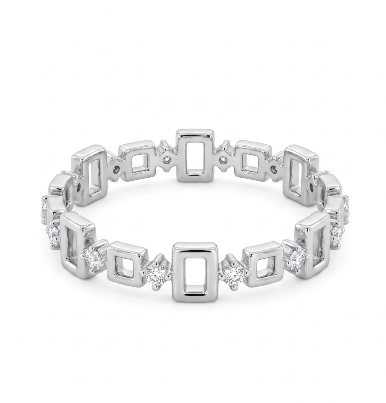 1.73 14k White Gold Squares Band With 4 Round Diamond Totaling 0.06ct Of F Color, VS Clarity; DJRGCR06W