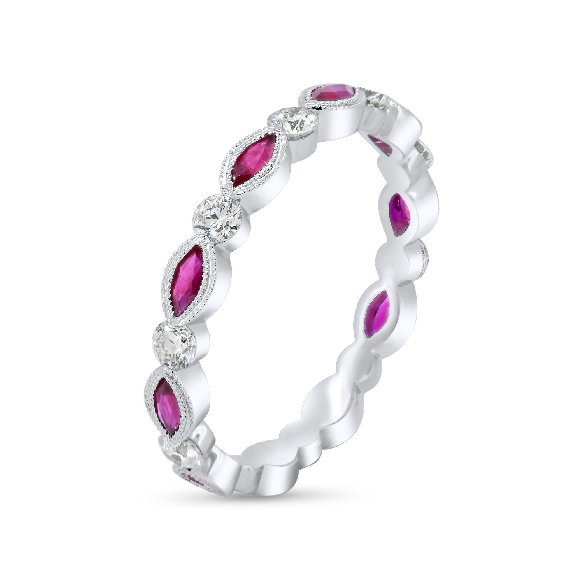 1.95 Grams, 14k White Gold Ladies Band With 0.42ct Round Diamonds Of G Color, VS Clarity & 0.51ct Marquise Rubies