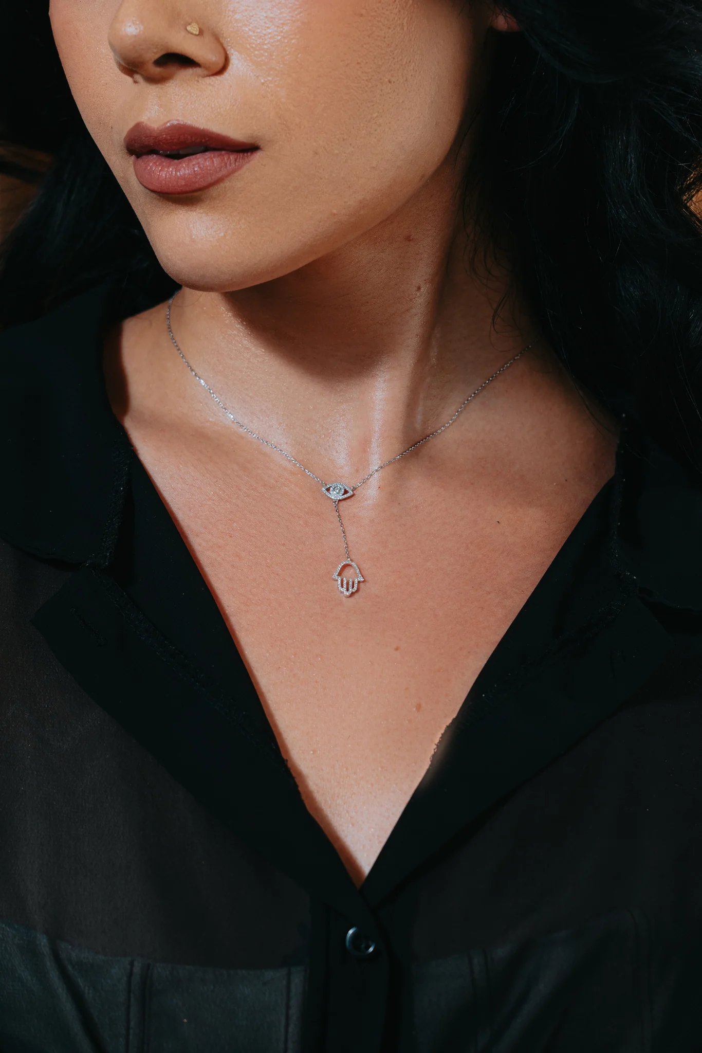 2.17 Grams, 14k White Gold Against Evil Eye & Hamsa Necklace With 0.27ct  Diamonds Of H Color, SI Clarity