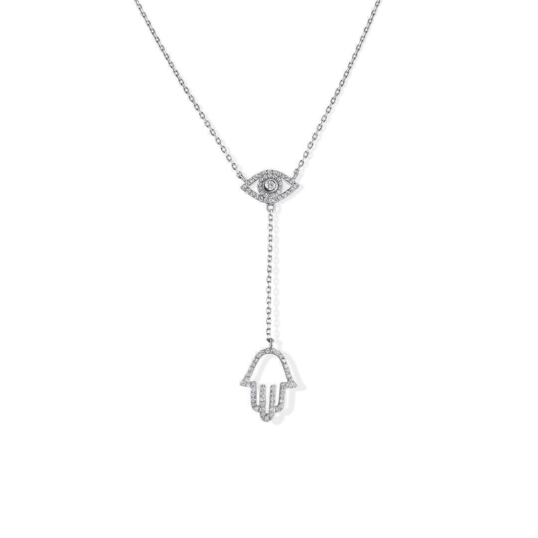 2.17 Grams, 14k White Gold Against Evil Eye & Hamsa Necklace With 0.27ct  Diamonds Of H Color, SI Clarity; NL2673W