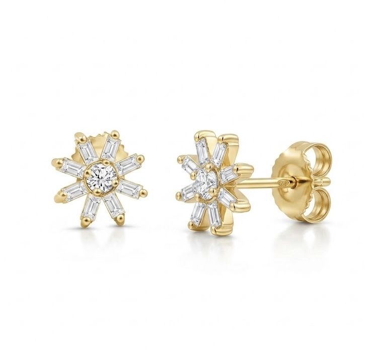 14k Yellow Gold Flower Baguettes & Round Diamond Stud Earrings