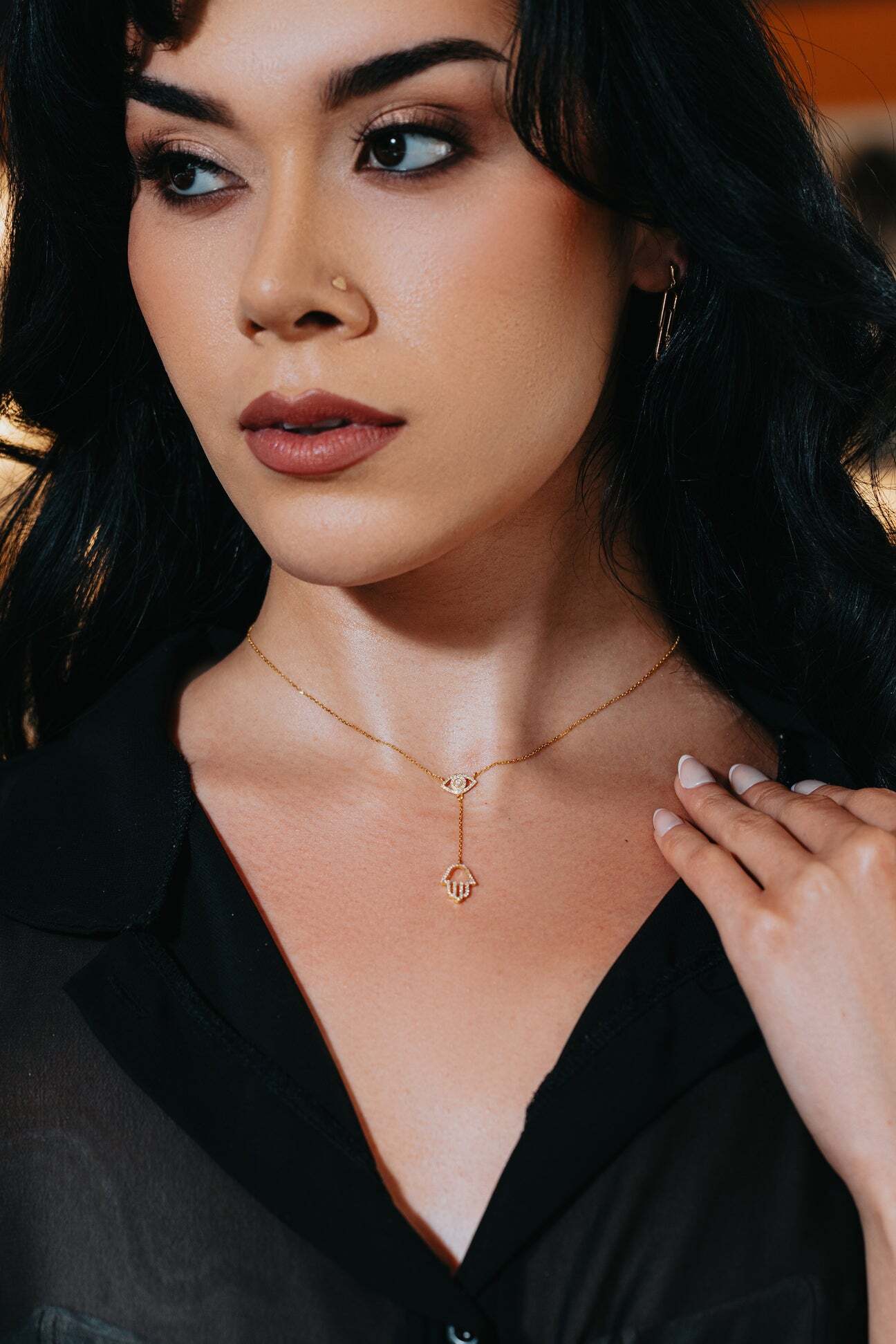 2.20 Grams, 14k Yellow Gold Against Evil Eye & Hamsa Necklace With 0.27ct  Diamonds Of H Color, SI Clarity