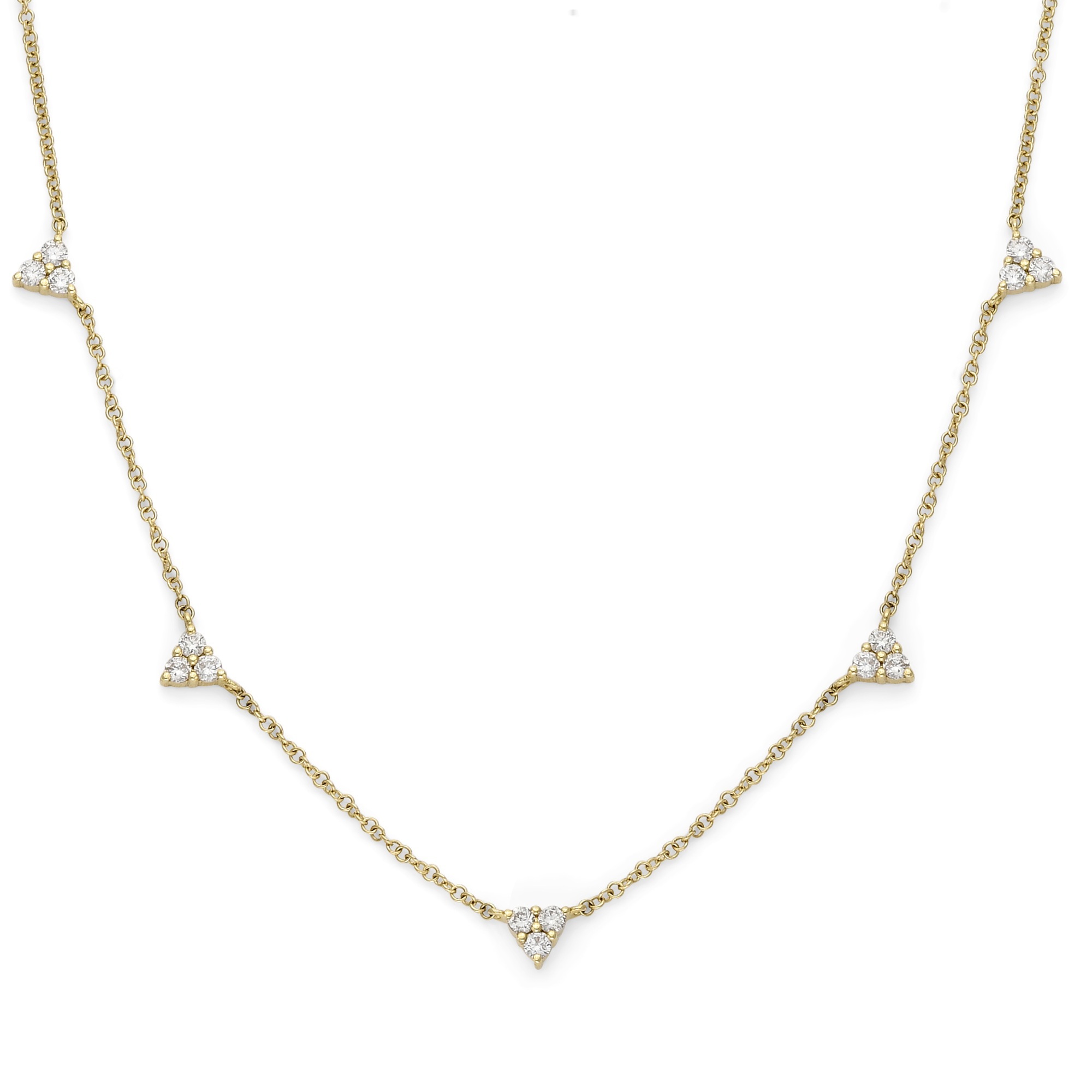 2.22 Grams, 14k Yellow Gold 5 Triangle Diamond Necklace With 15 Diamonds Totaling 0.40ct Of I Color, SI Clarity
