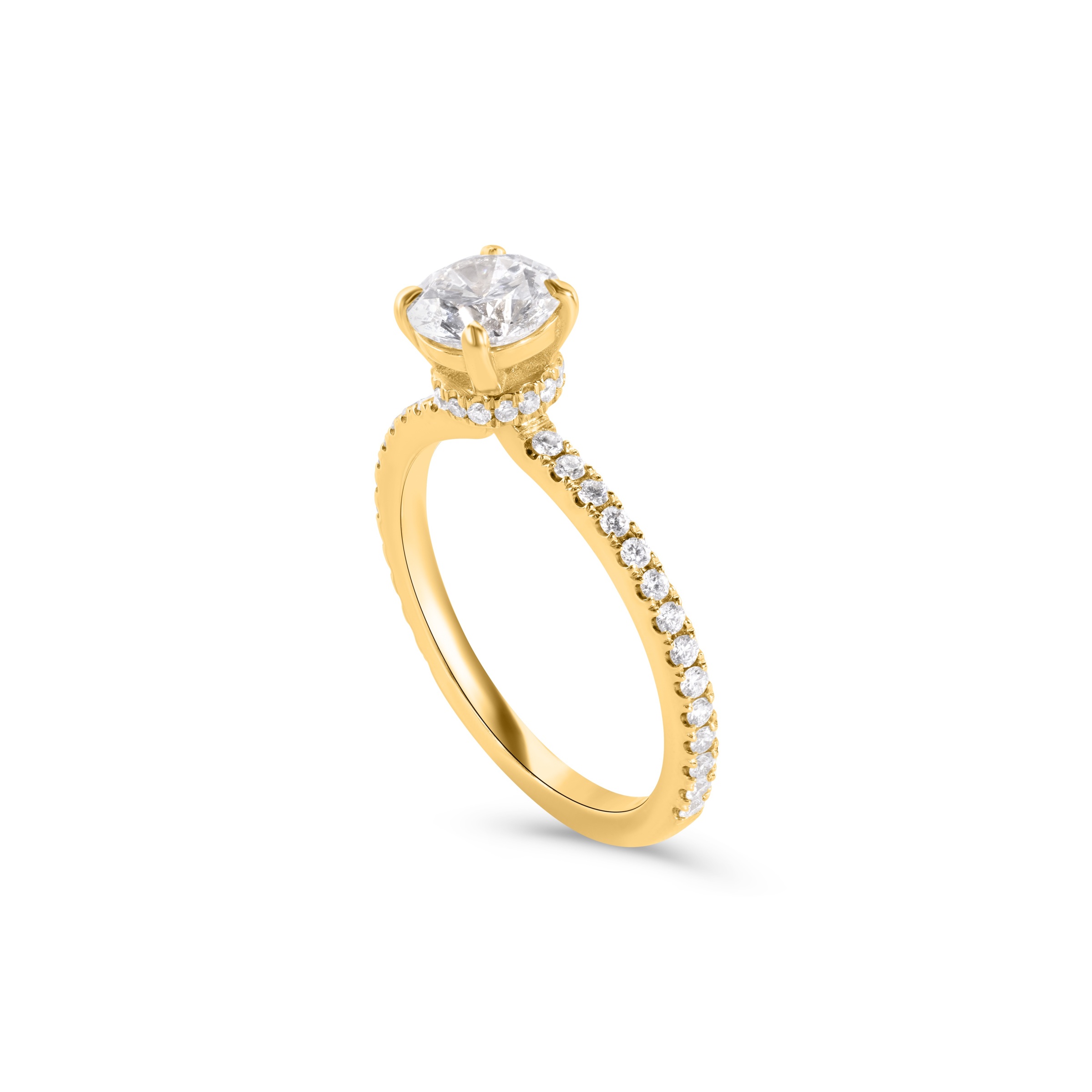 2.34 Grams, 14k  Custom Designed Ladies Engagement Ring, Center Round Brilliant Diamond 0.74ct Of E Color, VS2 Clarity & 28 U Pave Diamonds Totaling 0.22ct Of E-F Color, VS1 Clarity.