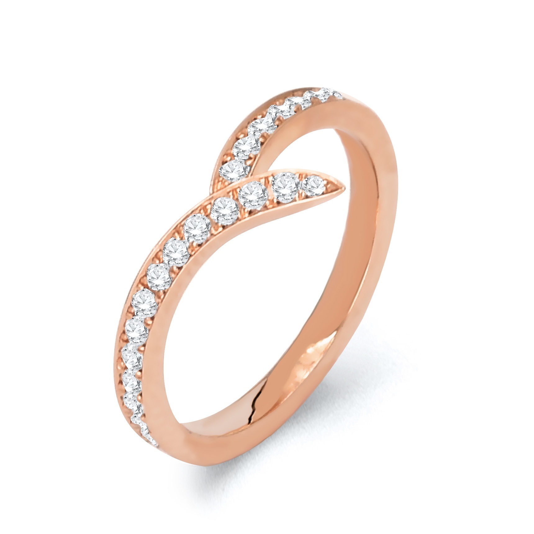 2.35 Grams, 14k Rose Gold V Center Band Wirh 26 U Pave Set Diamonds Totaling 0.30ct Of F Color, VS Clarity.