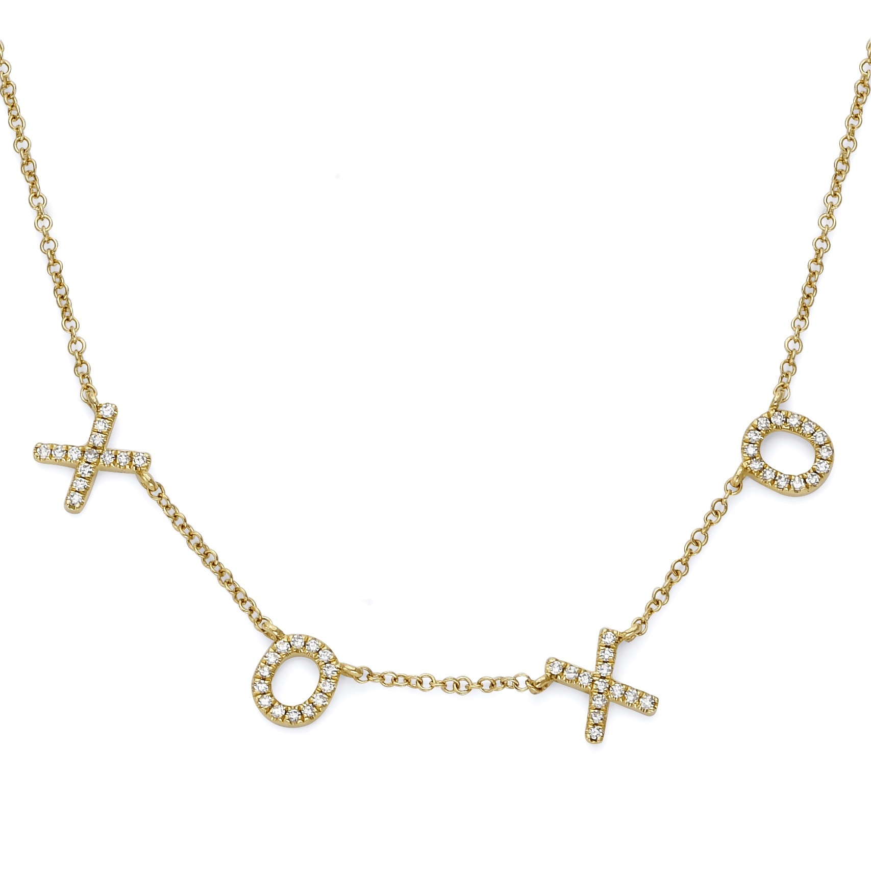 2.35 Grams, 14k Yellow Gold XOXO 6mm Diamond Necklace With 54 Round Diamonds Totaling 0.16CT Of G-H Color, SI Clarity