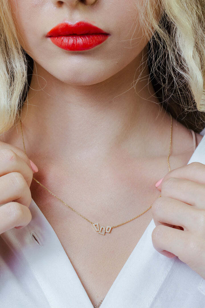 2.60 Grams, 14k Yellow Gold 3 Trapezoid Necklace With 41 Diamonds Totaling 0.16ct Of E-F Color, VS1 Clarity