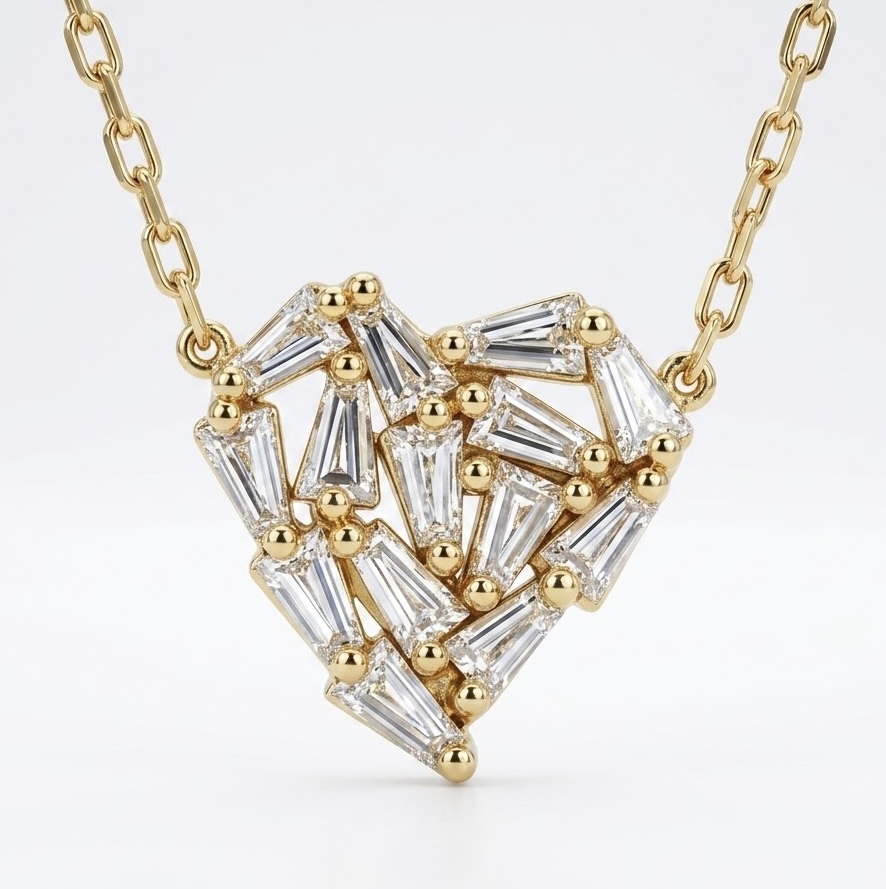 2.64 Grams, 14k Yellow Gold Abstract Heart Necklace With 14 Baguettes Totaling 0.72ct Of G Color, VS Clarity.